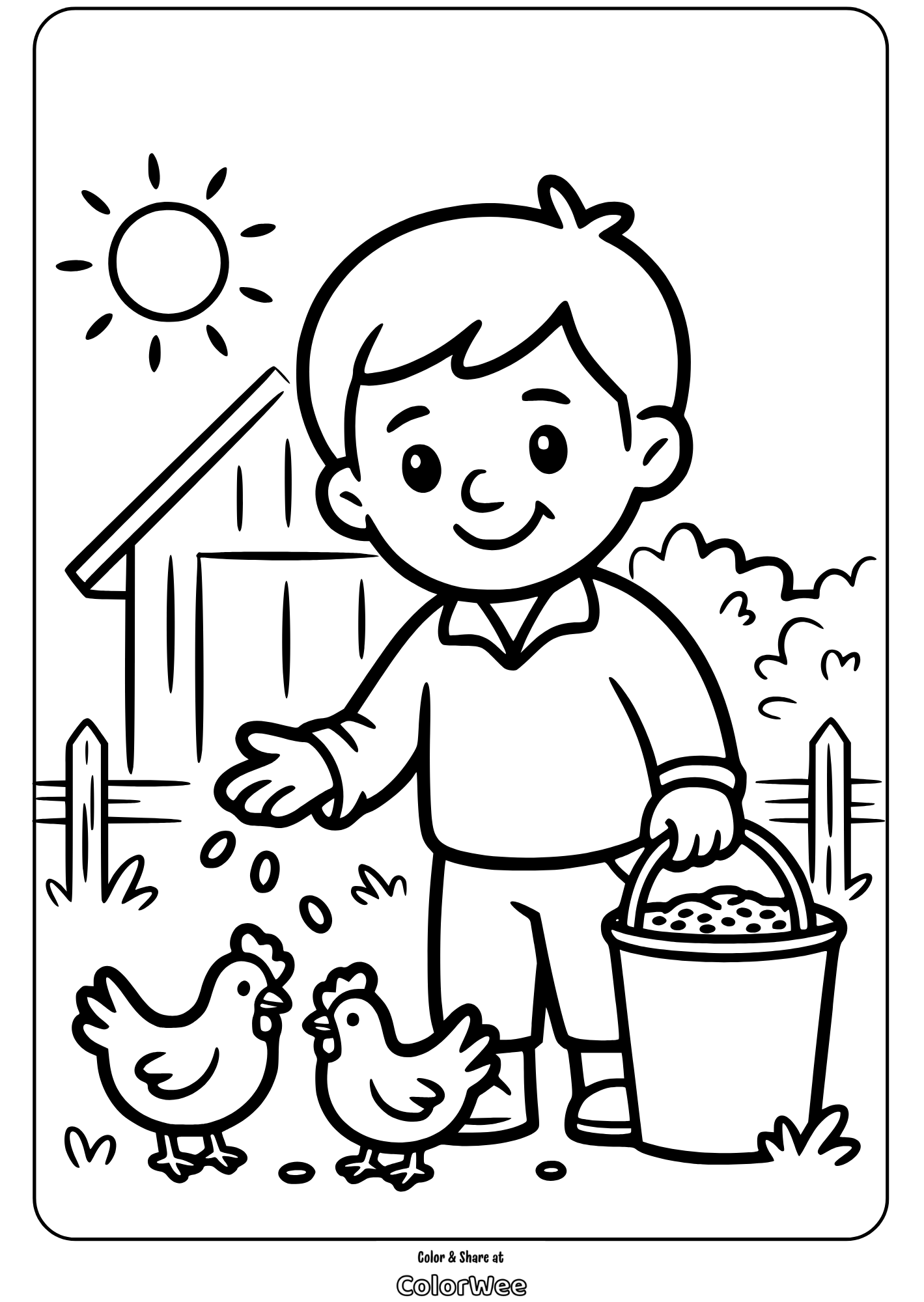 Boy feeding chickens on a sunny farm coloring page.
