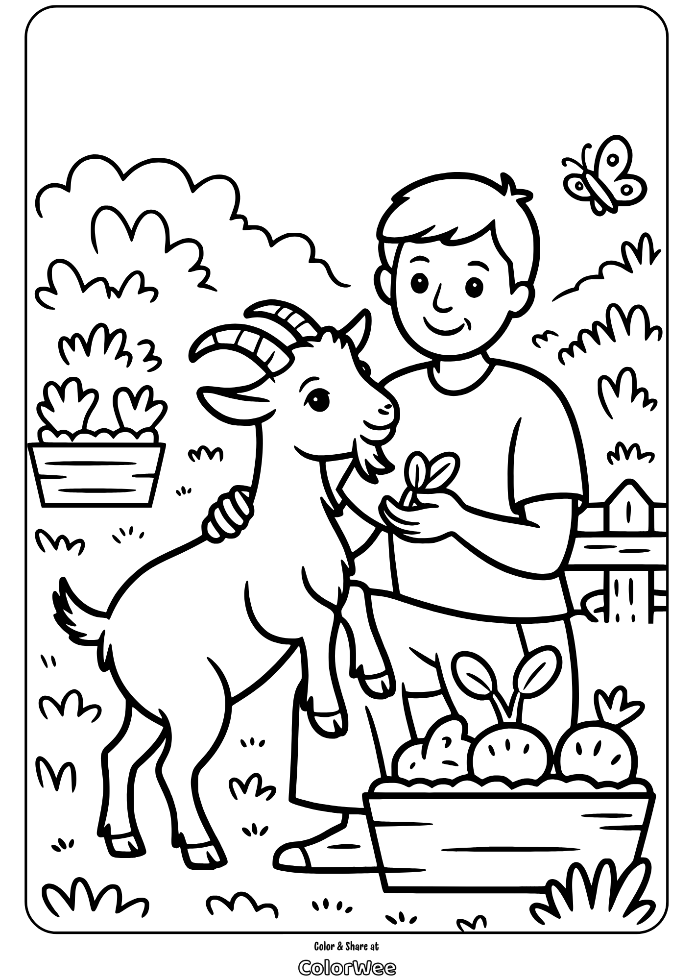 Boy with goat and basket of vegetables in a garden coloring page.