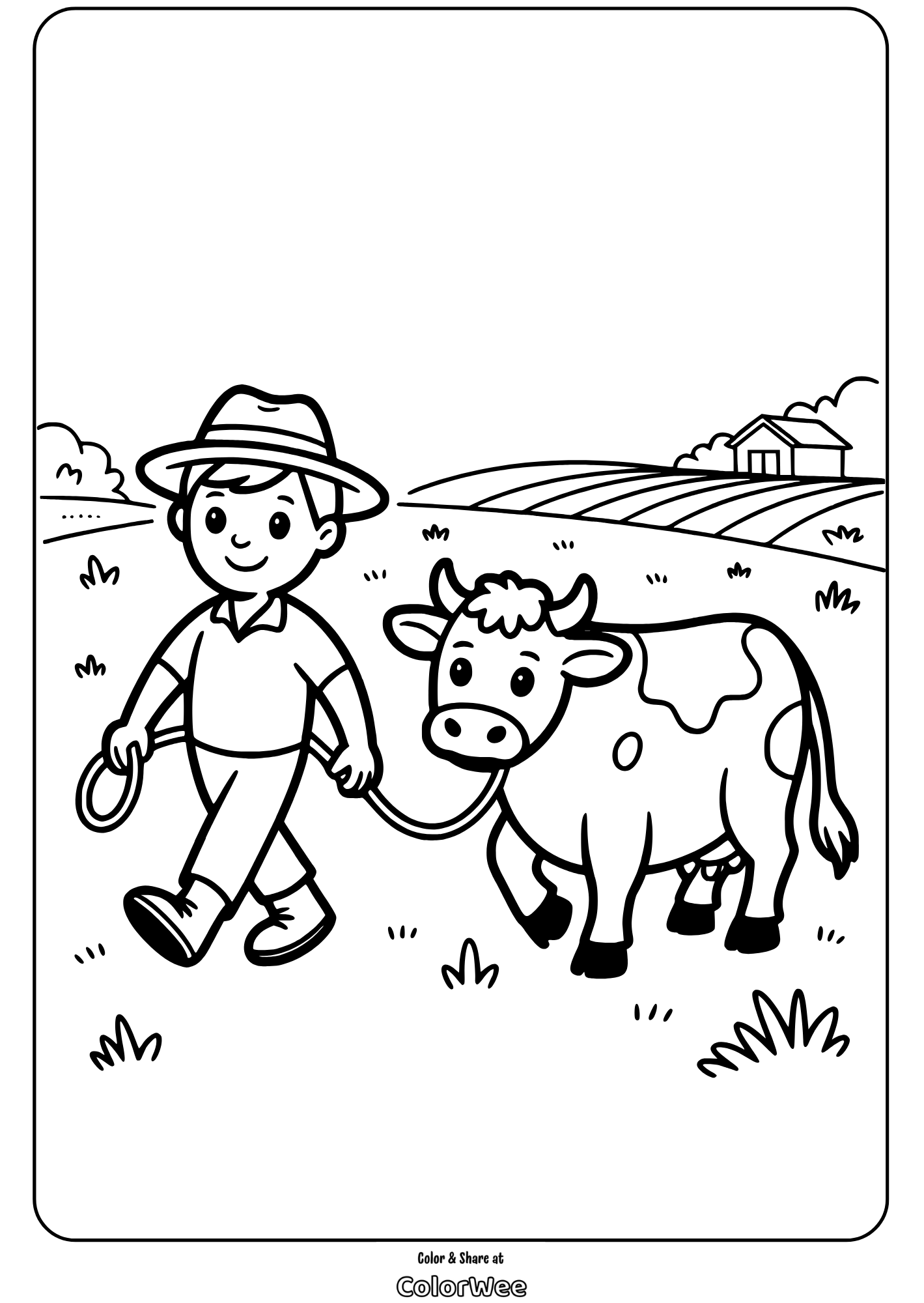 Child walking with a cow on a farm coloring page