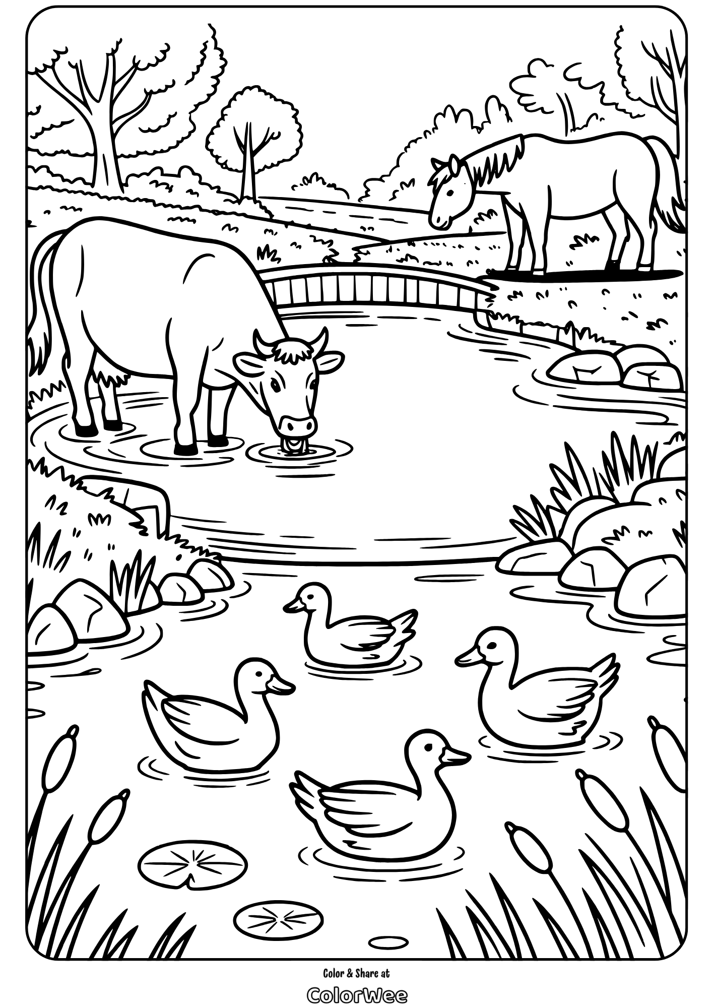 Cow, horse, and ducks by a pond in a nature scene coloring page.