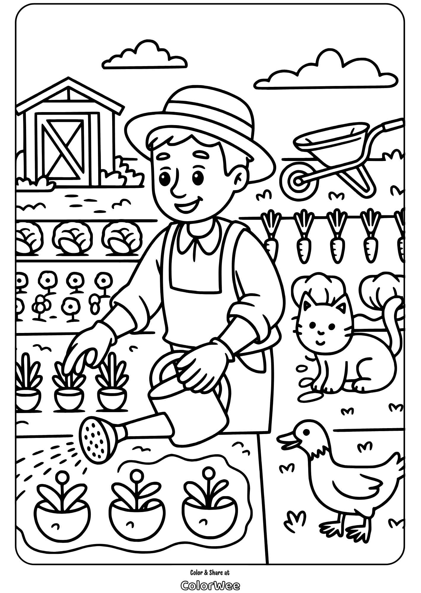 Farmer watering plants with a cat, duck, and barn nearby.