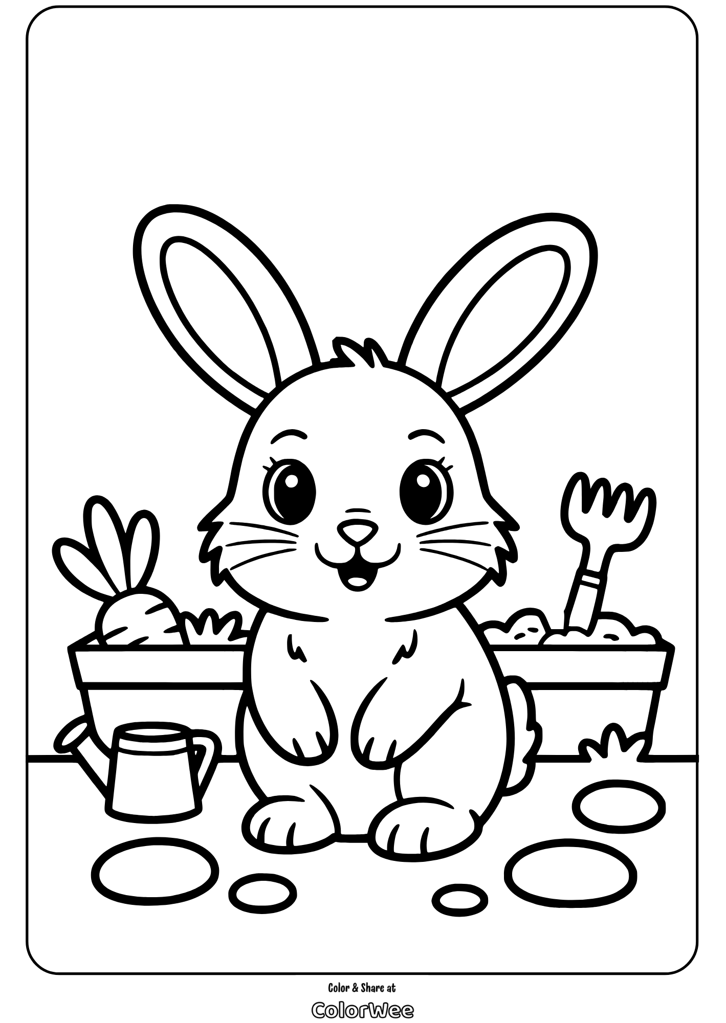 Coloring page of a cute bunny with garden tools and carrot.