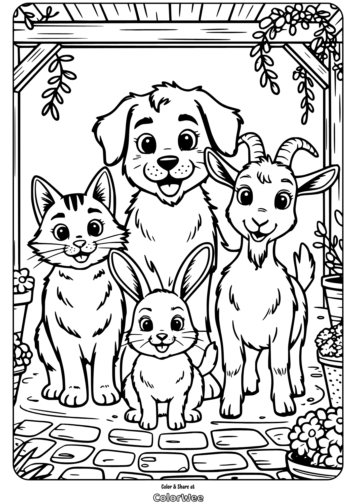 Coloring page with cute dog, cat, rabbit, and goat in a garden setting.