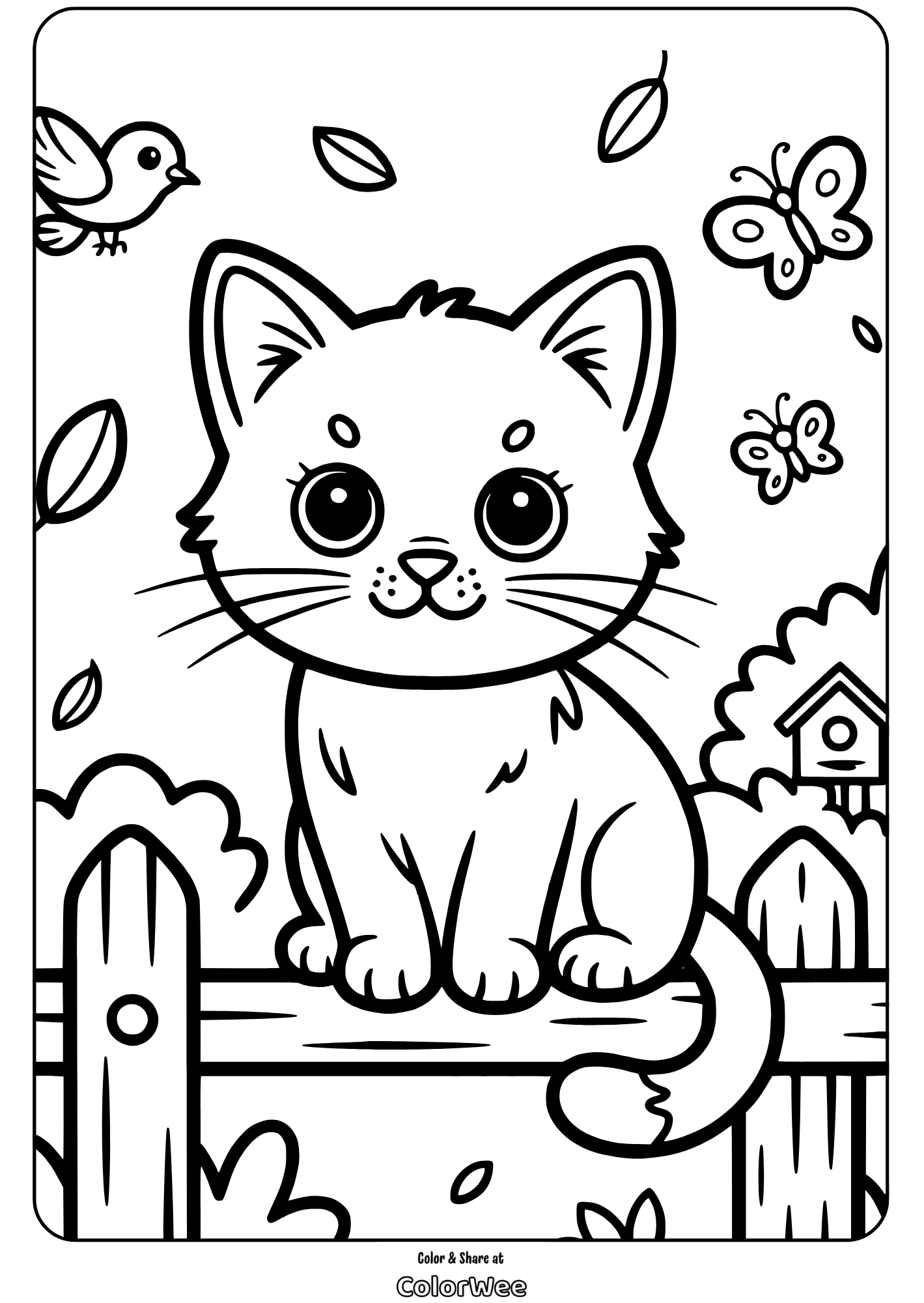 Cute kitten on a fence with butterfly and bird coloring page.