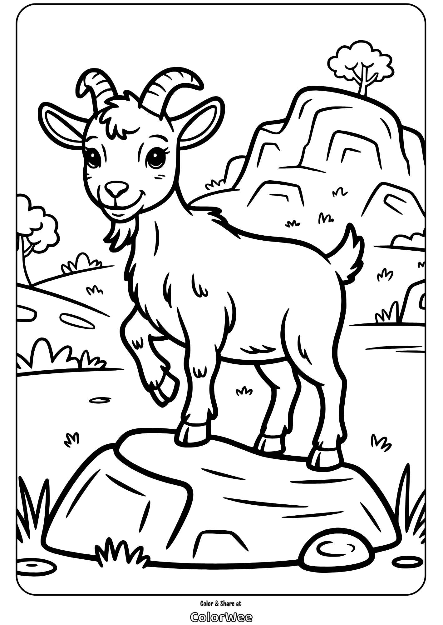 Goat on a rock coloring page for kids.