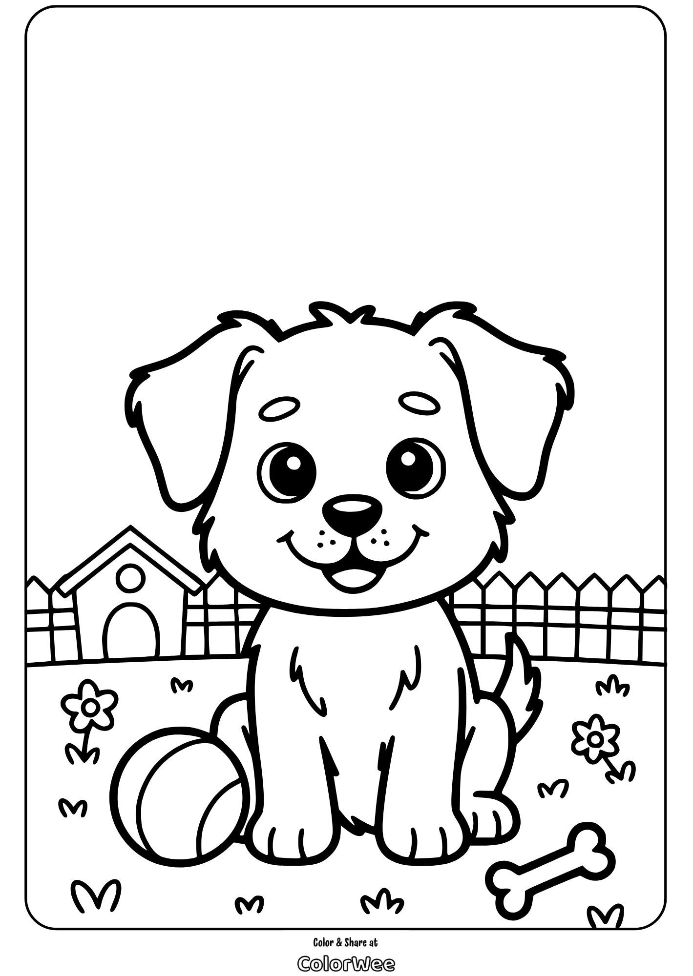 Cute puppy coloring page in garden with doghouse and bone.