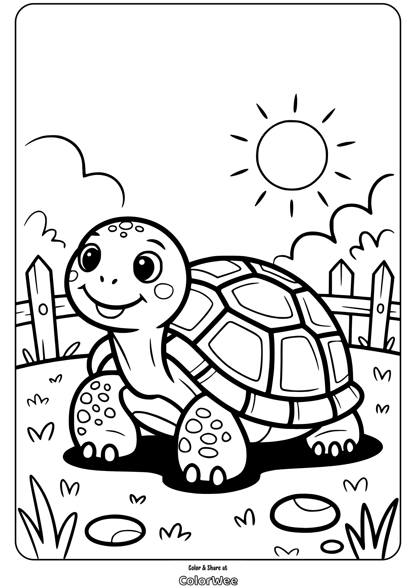 Cute turtle coloring page for kids' fun outdoor scene.