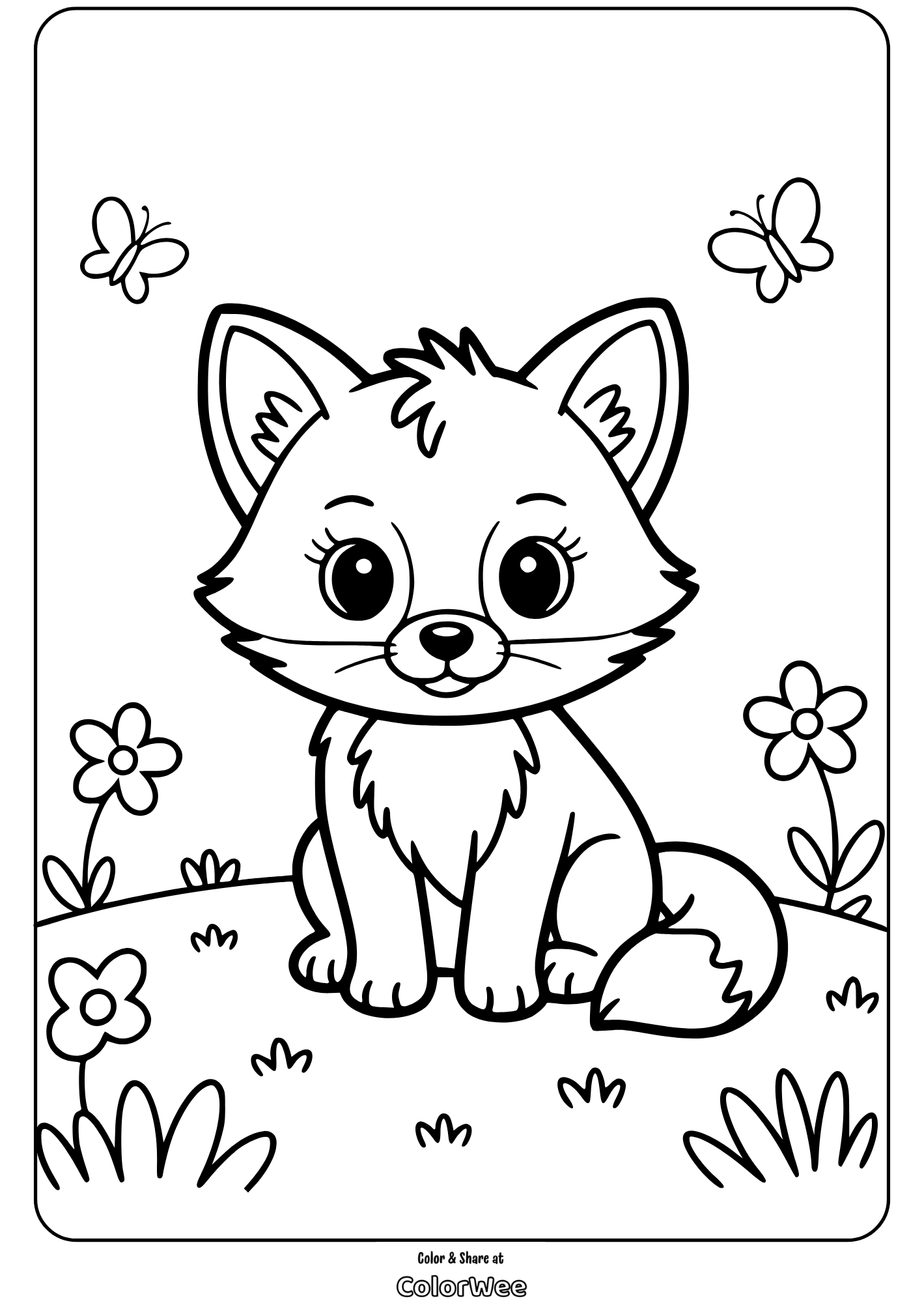 Cute fox coloring page with butterflies and flowers.