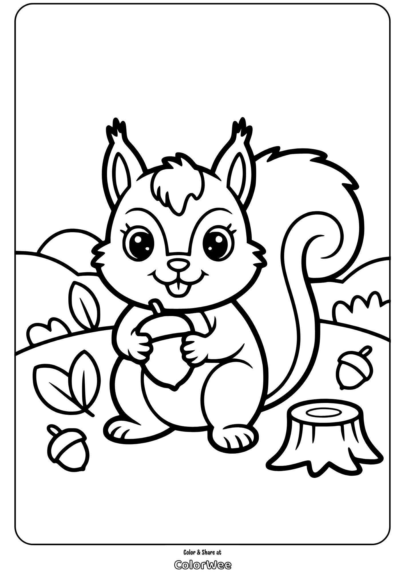Cute squirrel holding acorn coloring page for kids.