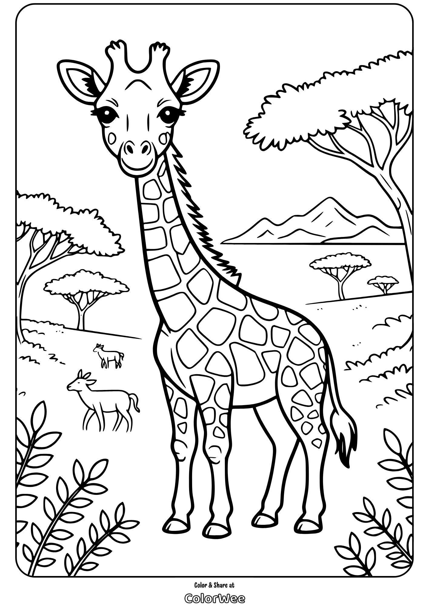 giraffe coloring page in a savanna landscape with trees and animals Giraffe coloring page in a savanna landscape with trees and animals.