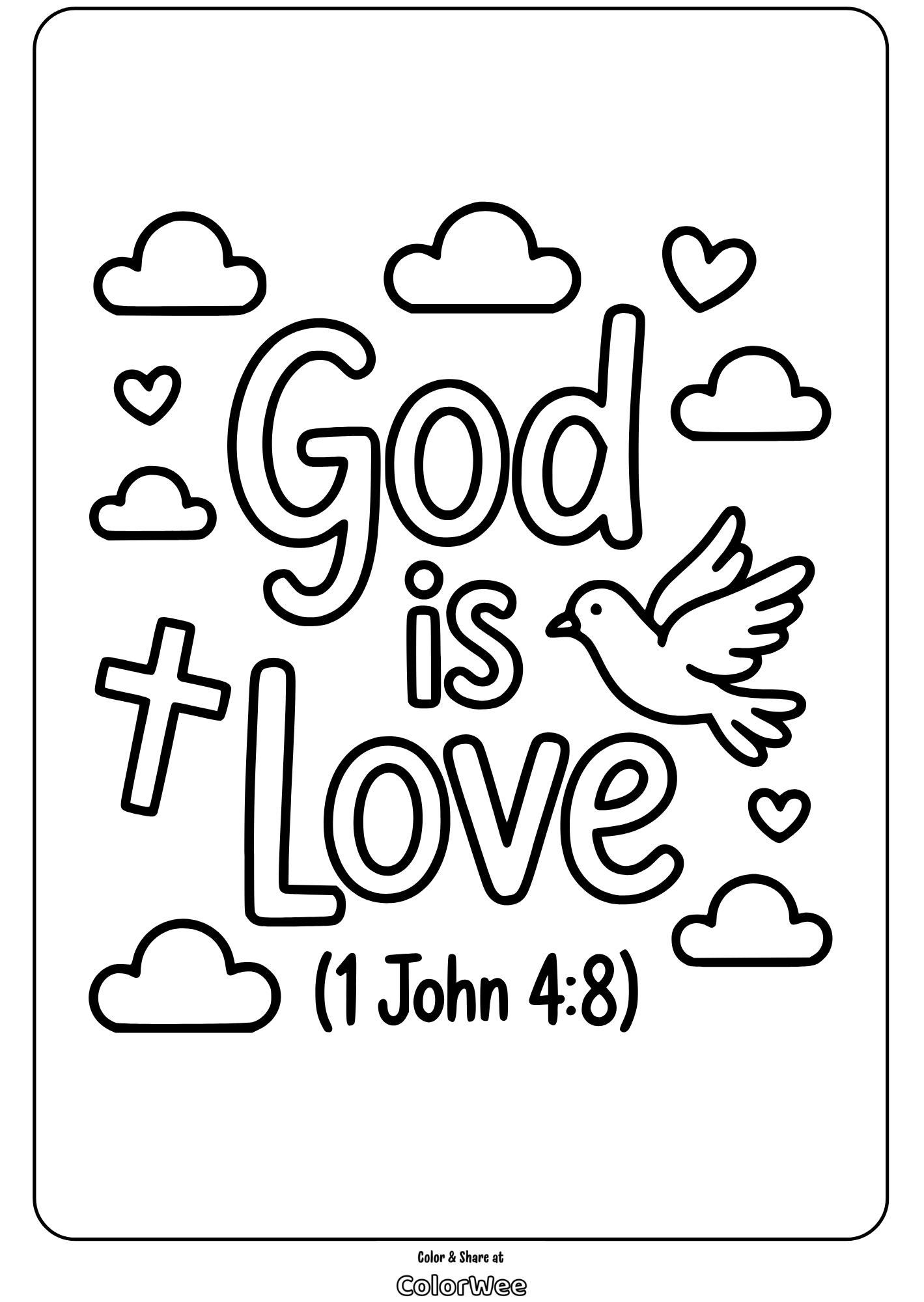 God is Love: Dove, clouds, cross, hearts coloring page (1 John 4:8)