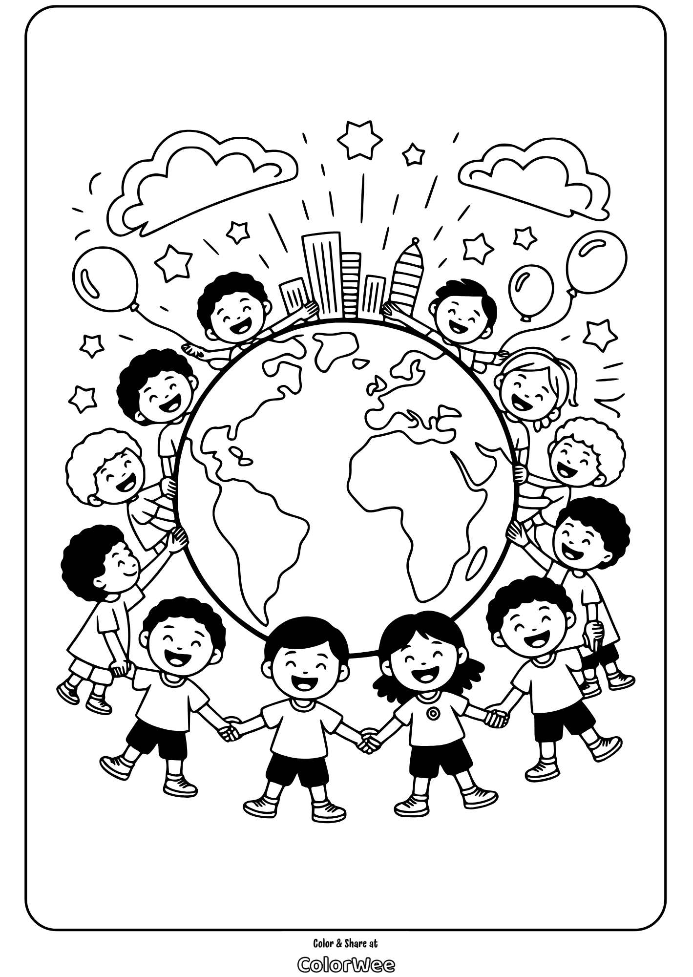happy earth day children around globe coloring page Children around Earth coloring page for kids to enjoy and learn unity.