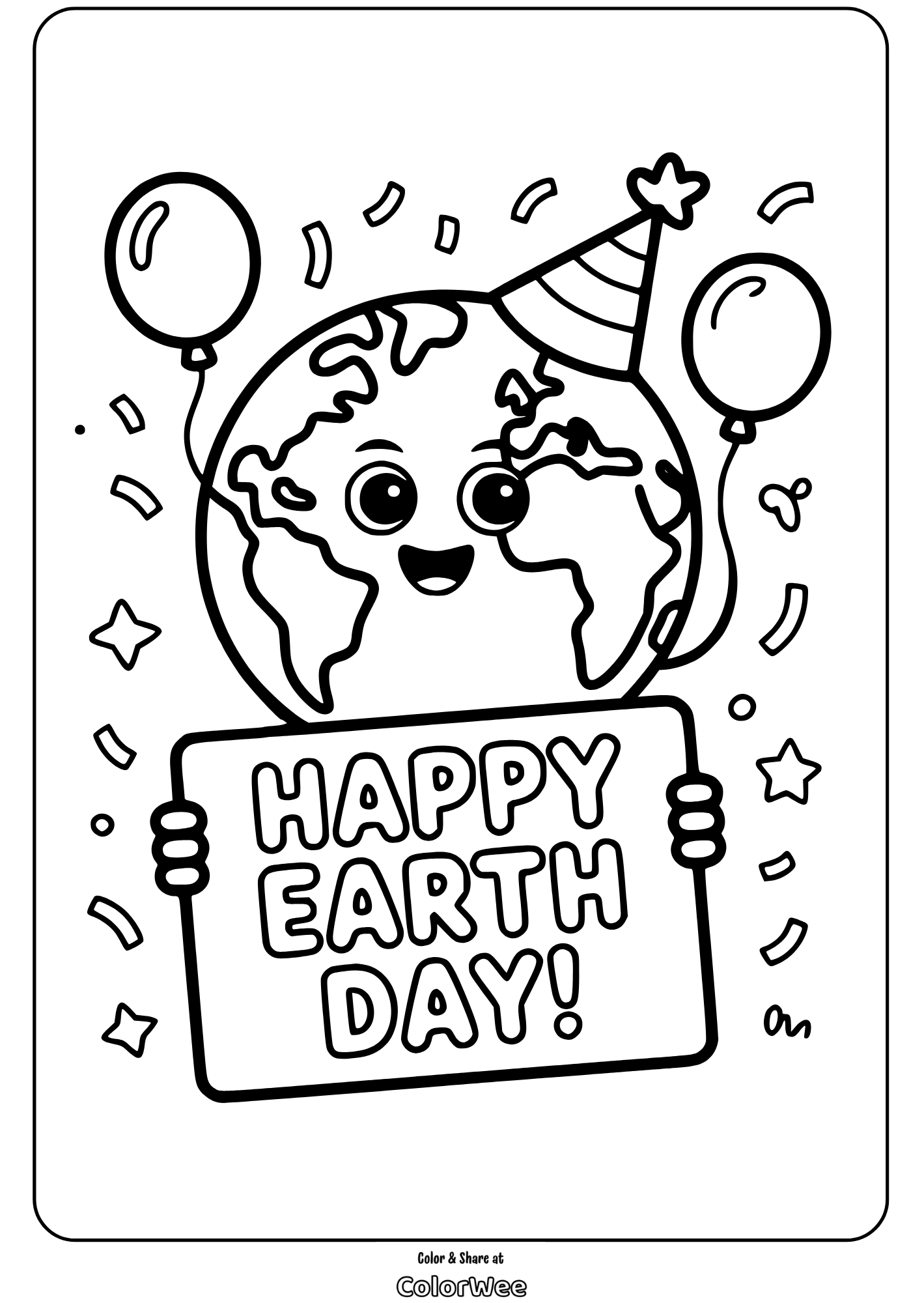 happy earth day globe holding sign coloring page Happy Earth Day coloring page with festive Earth and balloons.