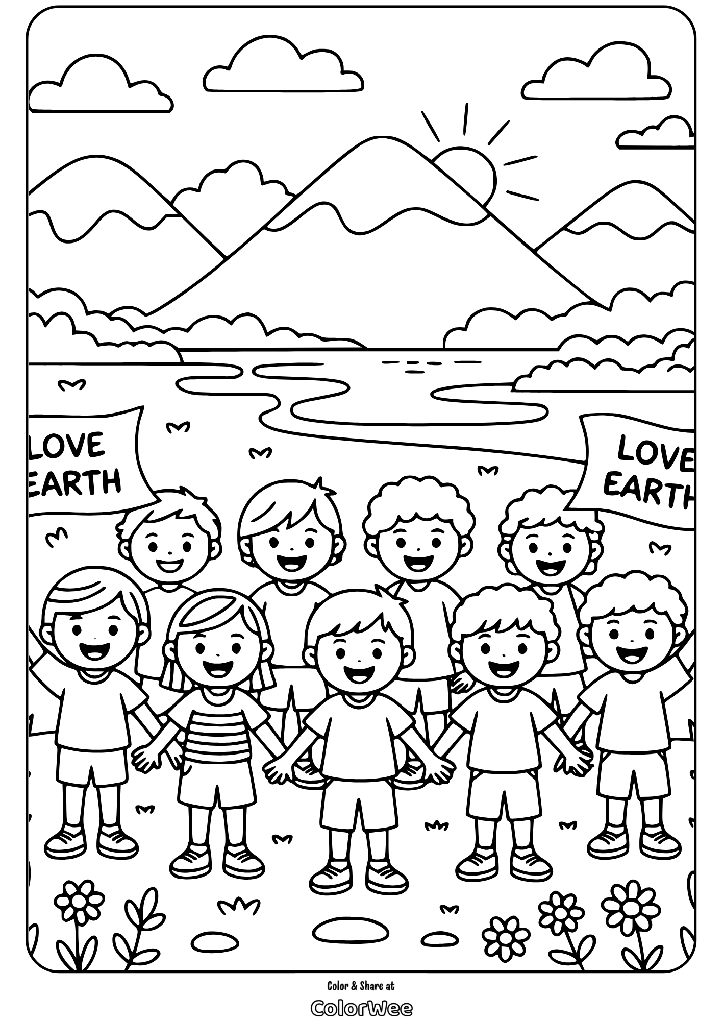 happy earth day kids holding hands love earth banner coloring page Children with Love Earth banners in nature. Coloring page.