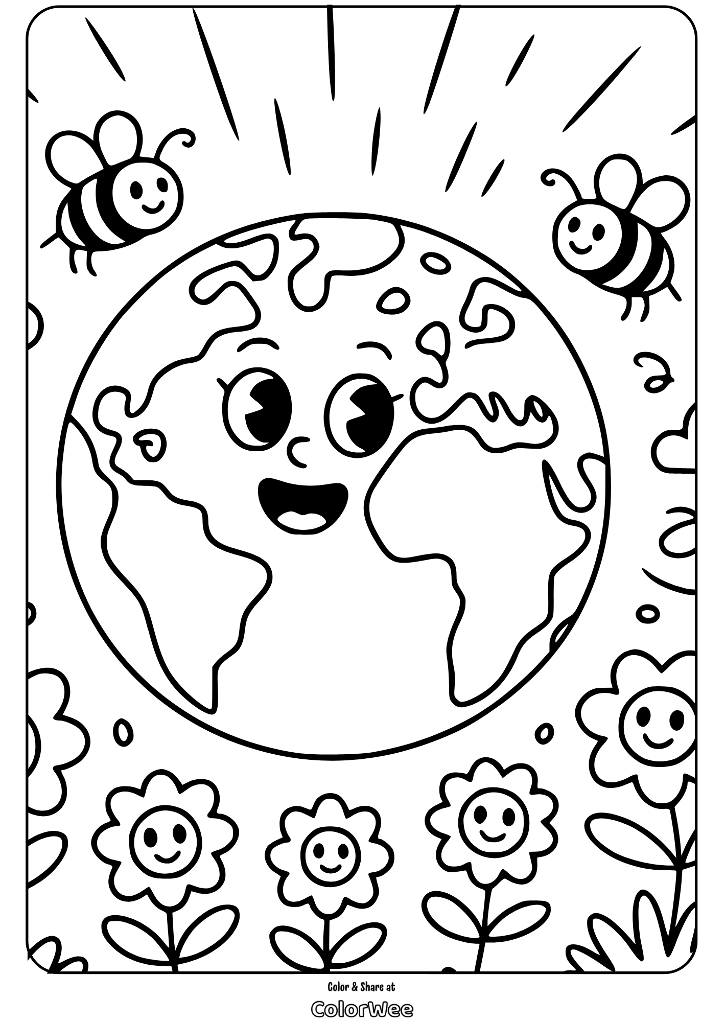 happy earth day smiling earth with flowers and bees coloring page Cute Earth coloring page with smiling bees and flowers.
