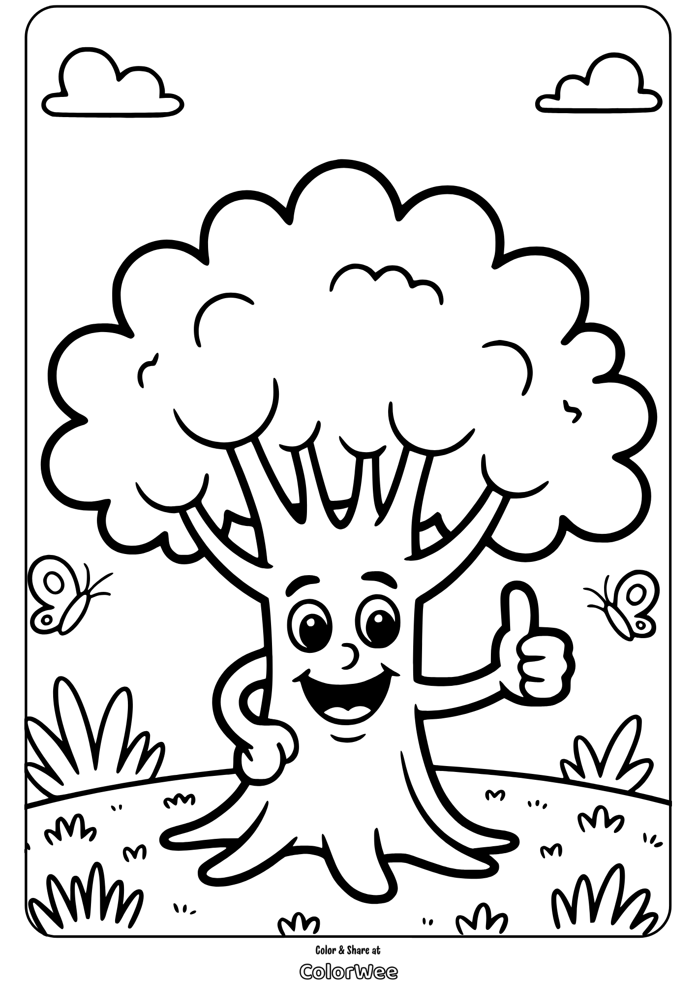happy earth day smiling tree with butterflies coloring page 1 Happy cartoon tree with butterflies coloring page for kids.