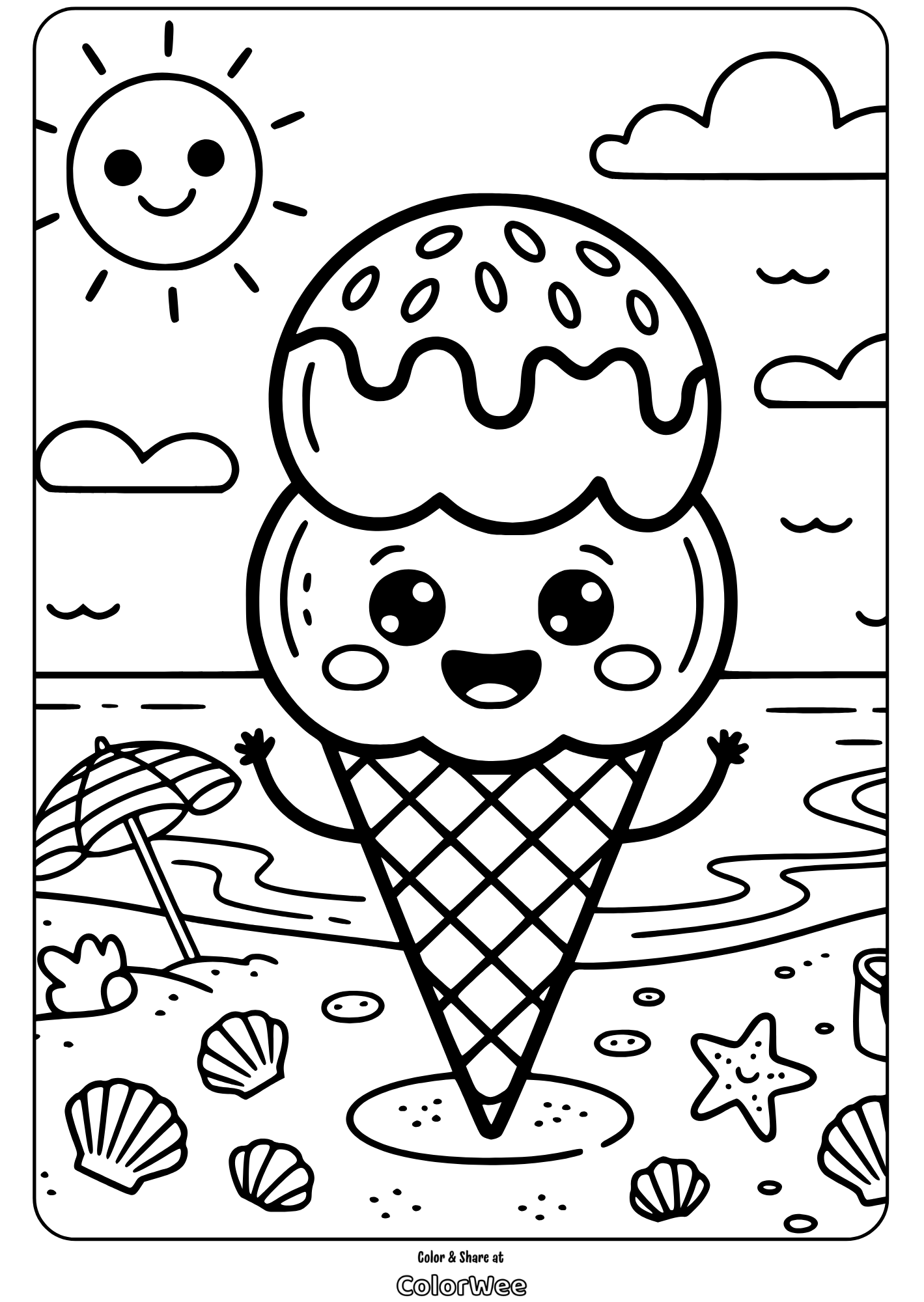 Kawaii ice cream cone coloring page on a sunny beach scene.