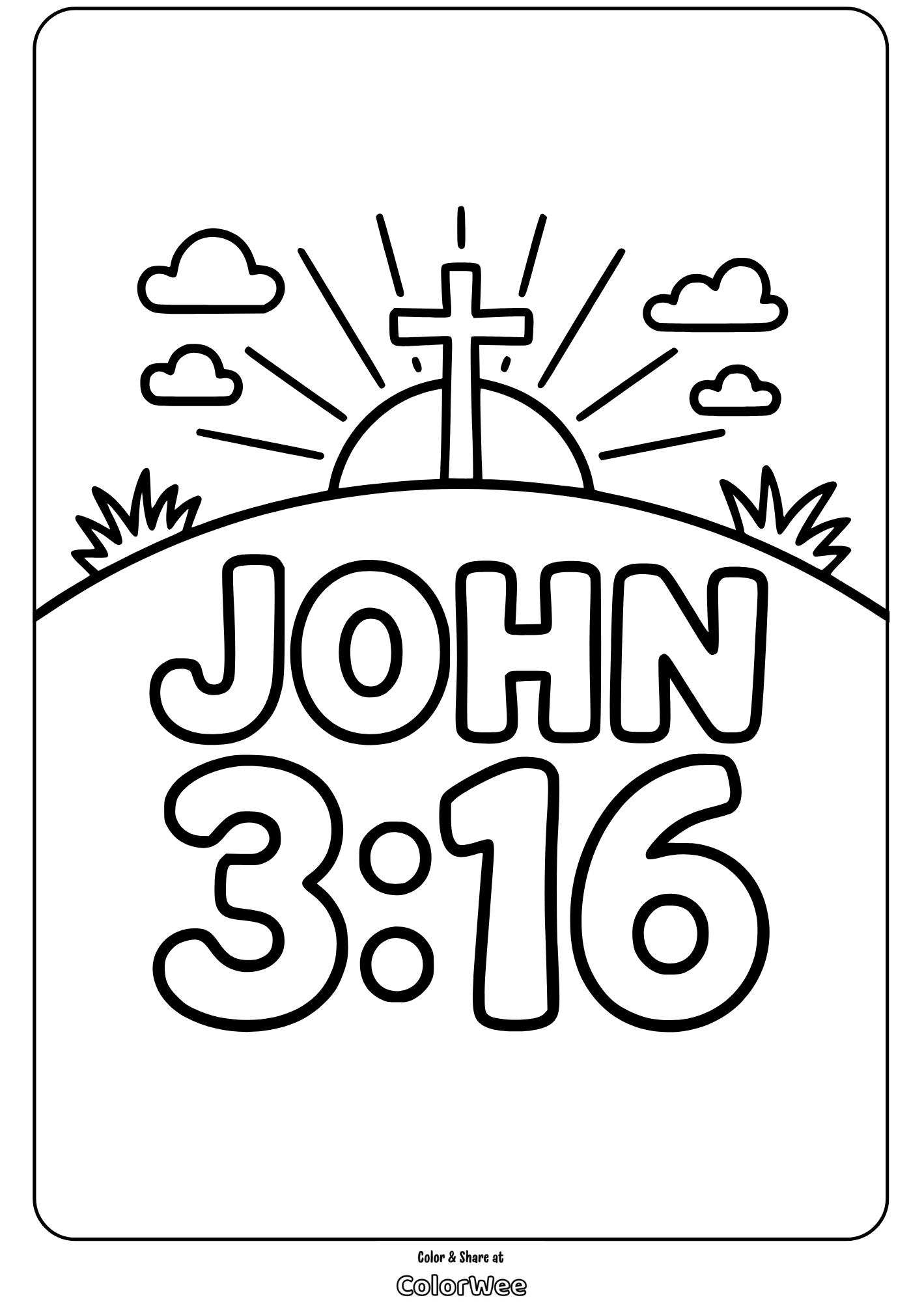 John 3:16 coloring page with cross and sunrise design.