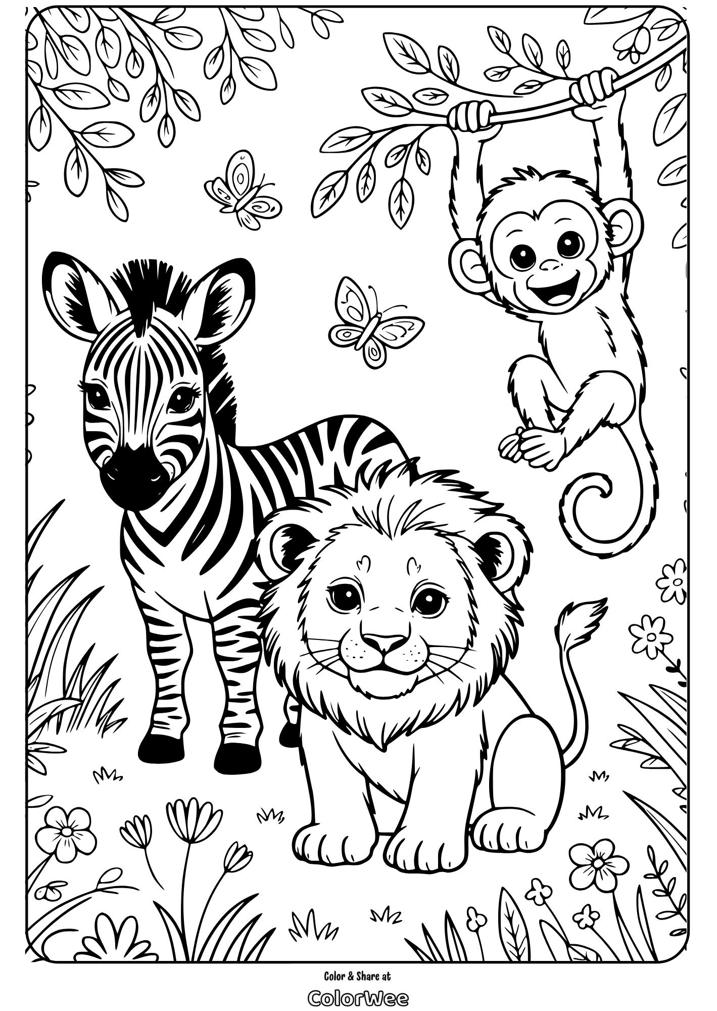 Jungle animals coloring page: zebra, lion, monkey in nature scene.