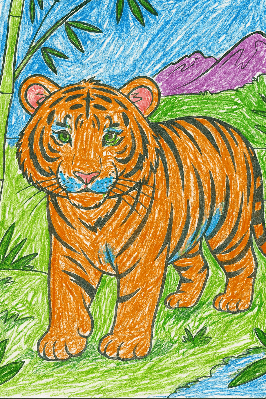 jungle animals coloring pages 2 edited Tiger in a vibrant jungle coloring page with mountains and bamboo.