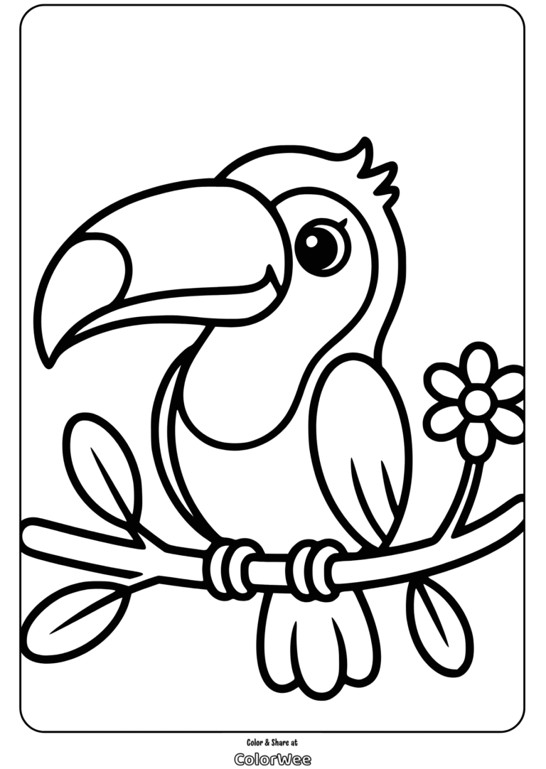 Coloring page of a cute toucan perched on a branch with a flower.