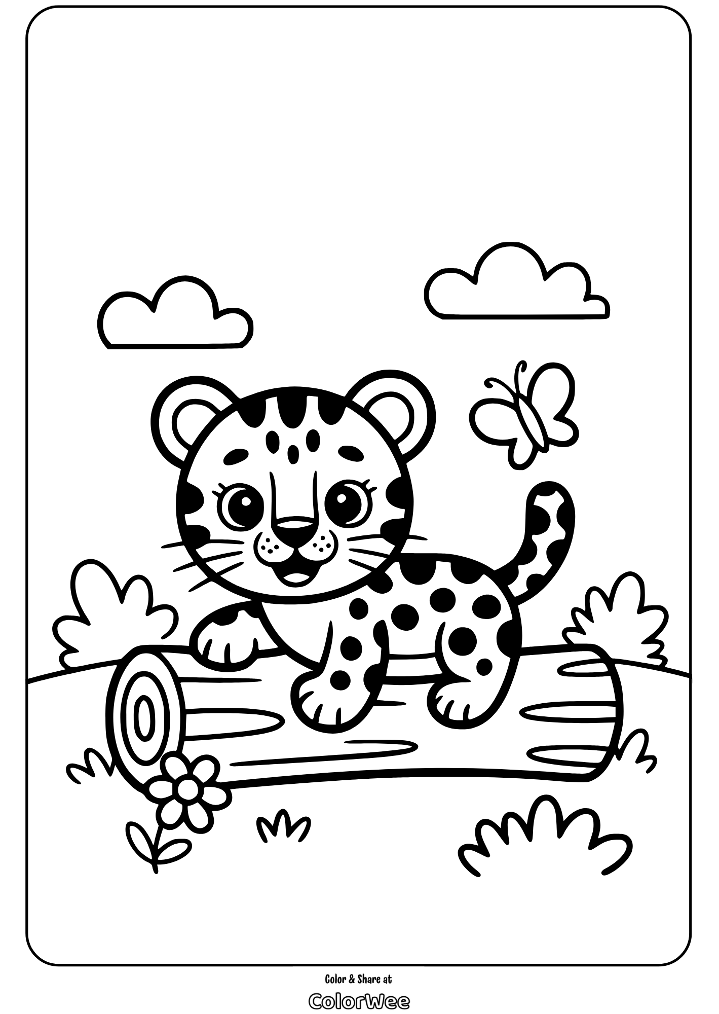 jungle predators baby leopard on log coloring page Cute leopard cub on log coloring page with butterfly and clouds.