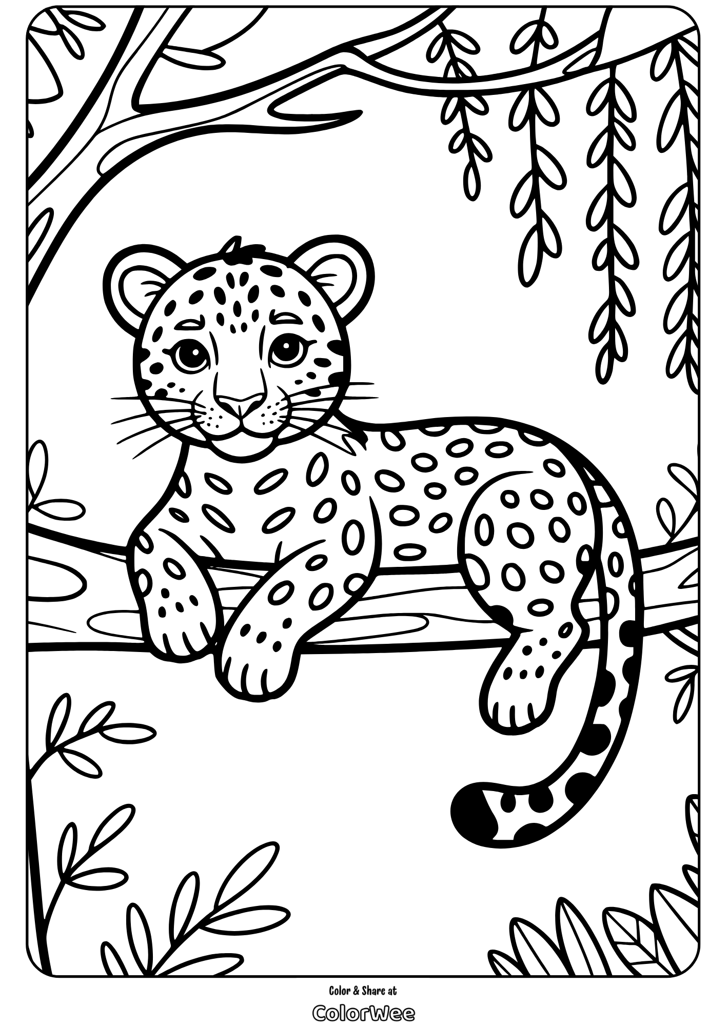jungle predators baby leopard on tree coloring page Young leopard coloring page on a tree branch.