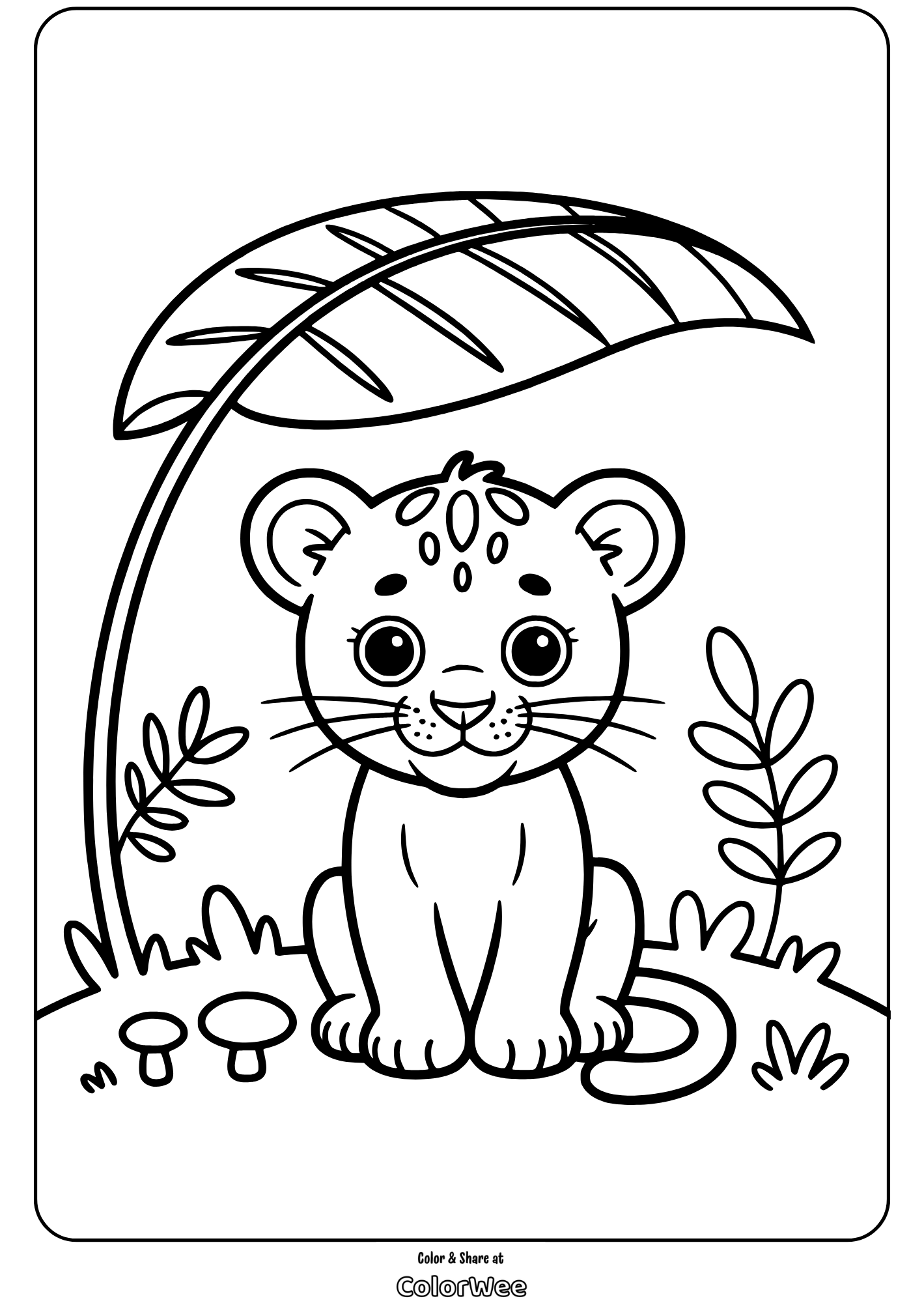 jungle predators baby panther under leaf coloring page Cute lion cub coloring page with jungle plants and mushrooms.