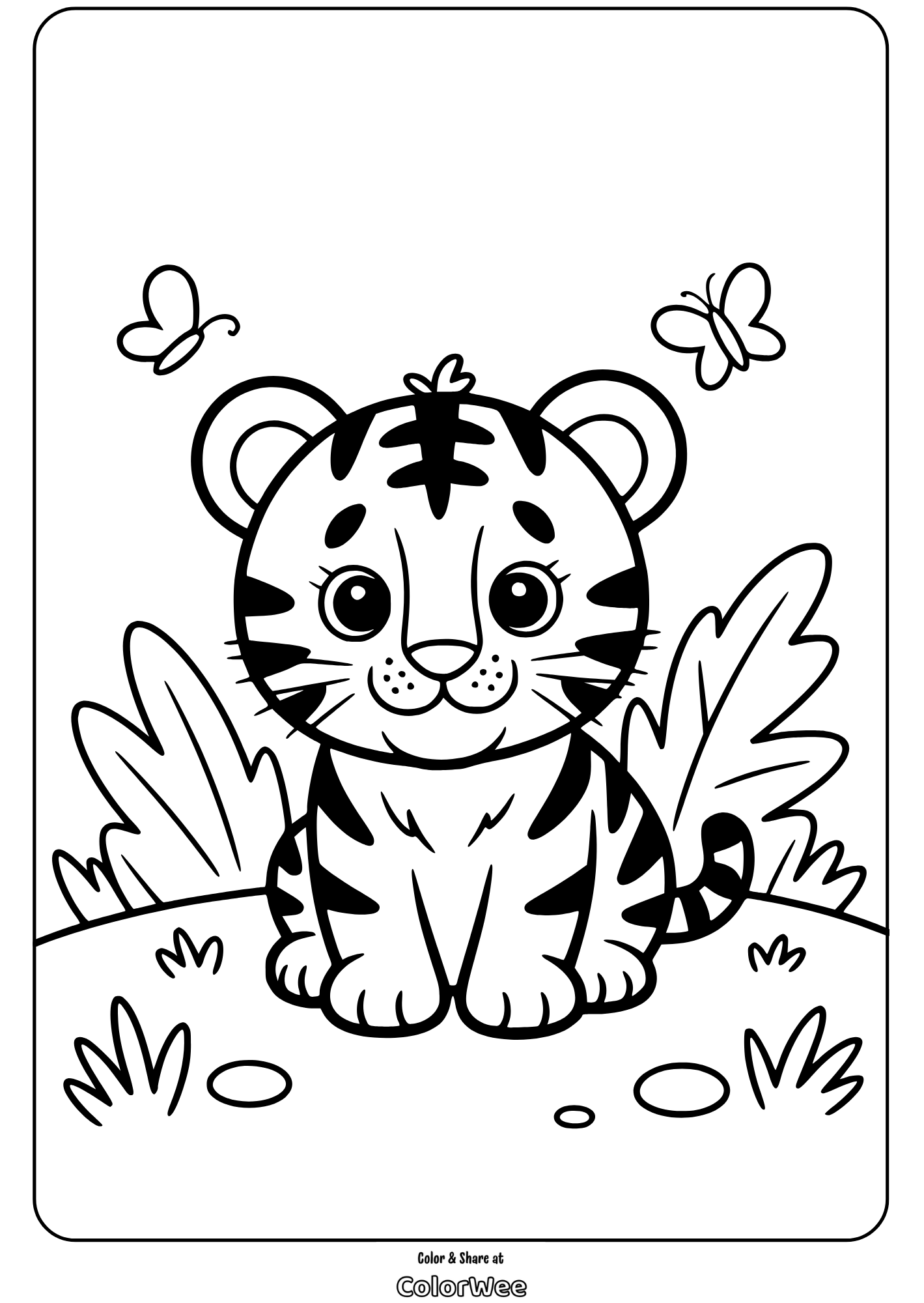 jungle predators cute baby tiger coloring page Cute tiger cub coloring page with butterflies and jungle scenery.