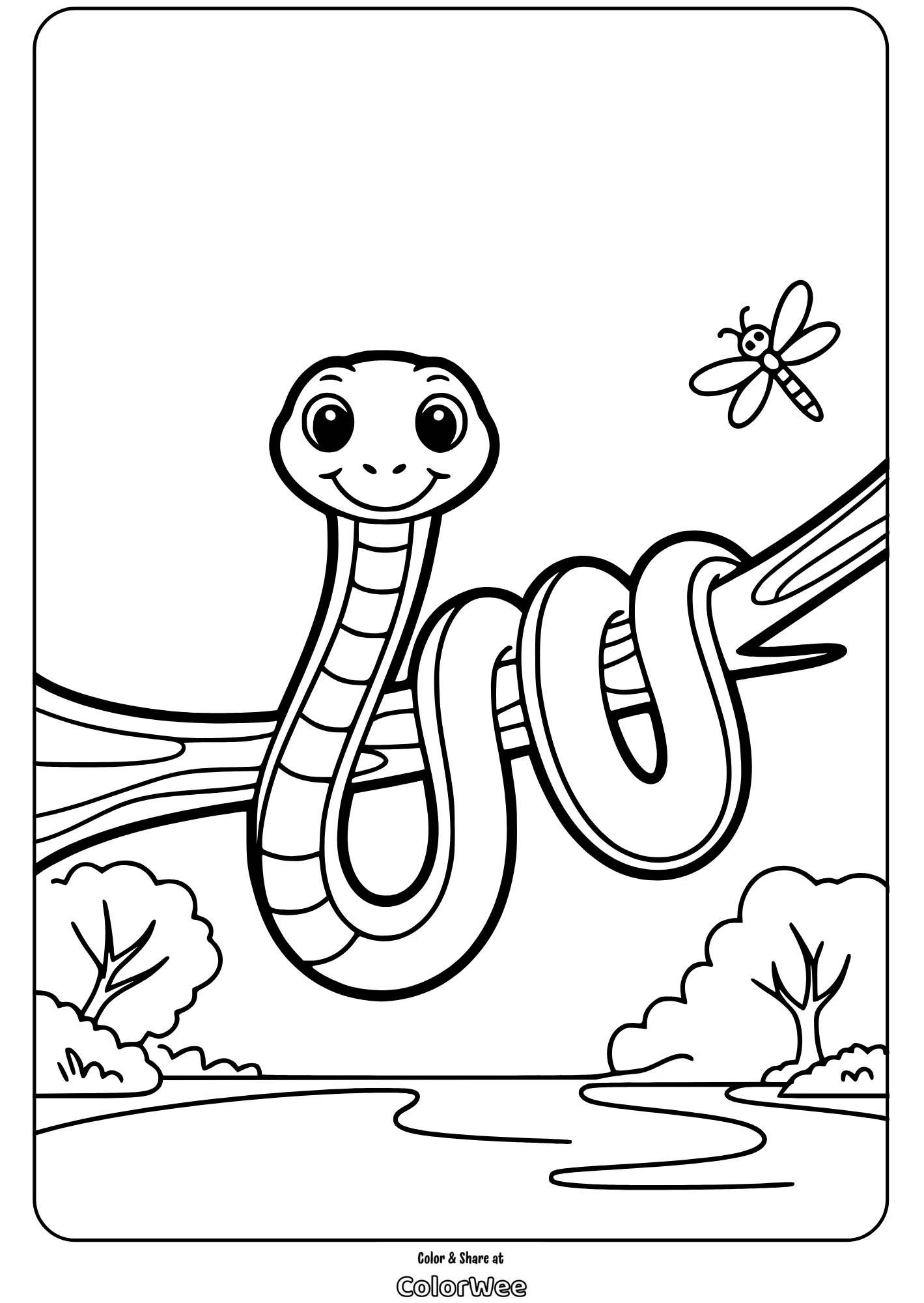 jungle predators smiling snake on branch coloring page Smiling snake on branch with dragonfly coloring page.
