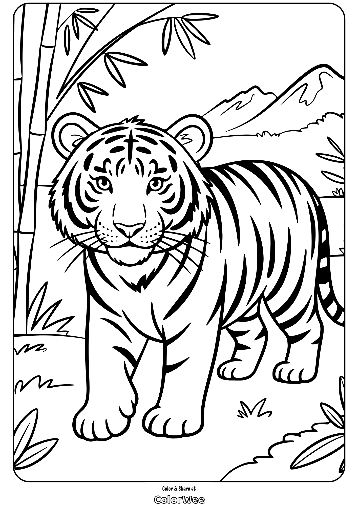 jungle predators tiger in bamboo forest coloring page Tiger coloring page for kids with mountains and bamboo background.