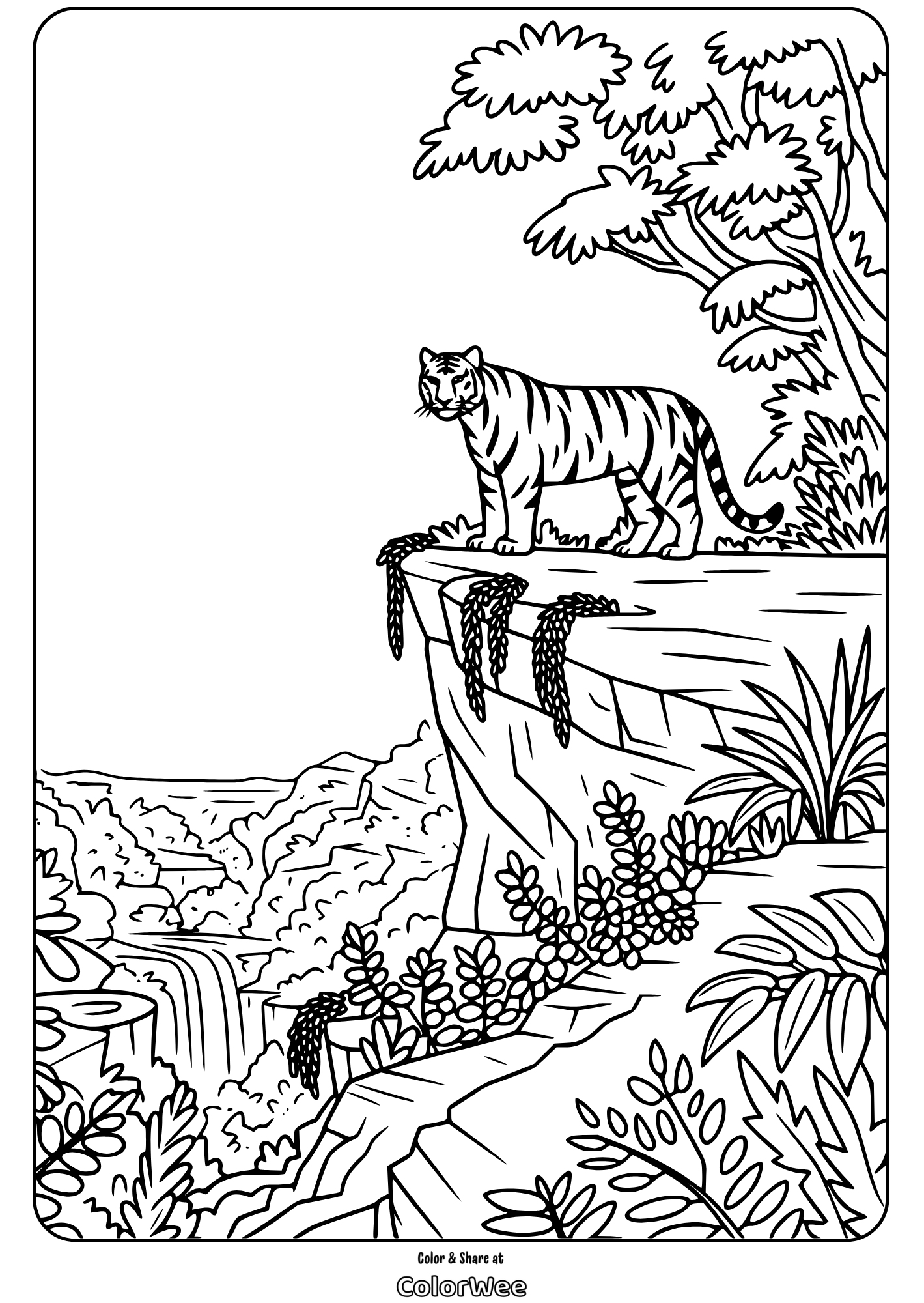 jungle predators tiger on cliff waterfall coloring page Tiger on a cliff coloring page with waterfall and jungle.