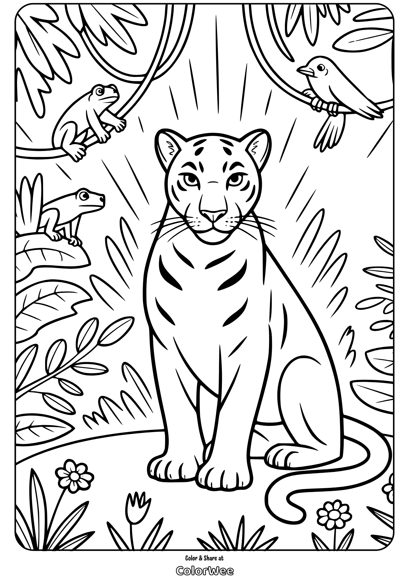 jungle tiger coloring page with frogs and birds for kids Jungle tiger coloring page with frogs and birds for kids