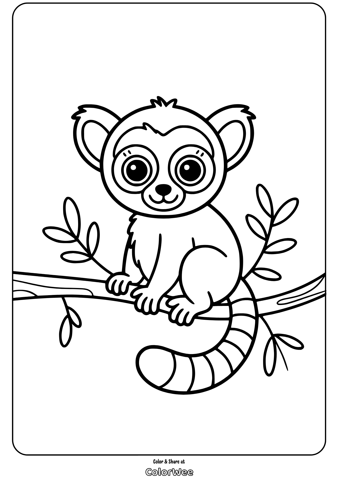 jungle tree creatures cute lemur on branch coloring page Cute lemur on a branch coloring page for kids to enjoy.