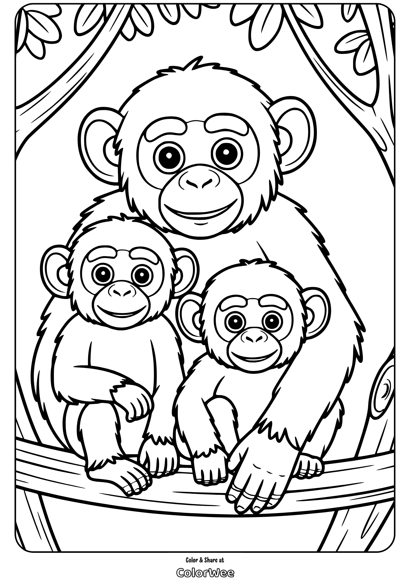 jungle tree creatures monkey family coloring page Three playful monkeys on a tree branch coloring page.