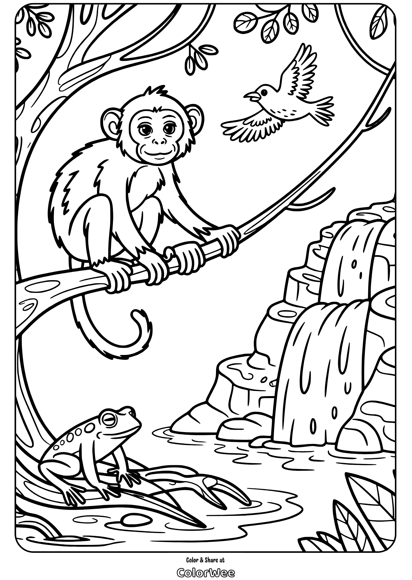 jungle tree creatures playful monkey coloring page Jungle scene with monkey, frog, bird, and waterfall coloring page