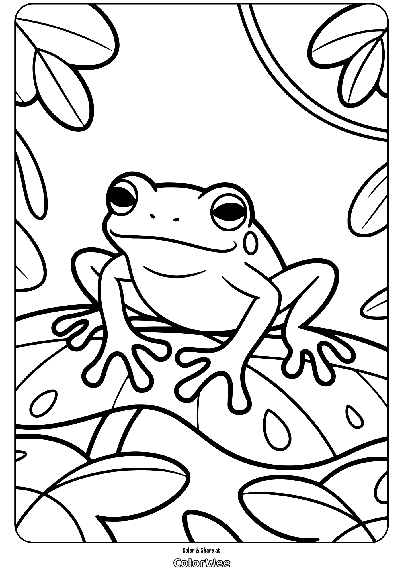 jungle tree creatures tree frog coloring page Coloring page of a happy frog sitting on a leaf.