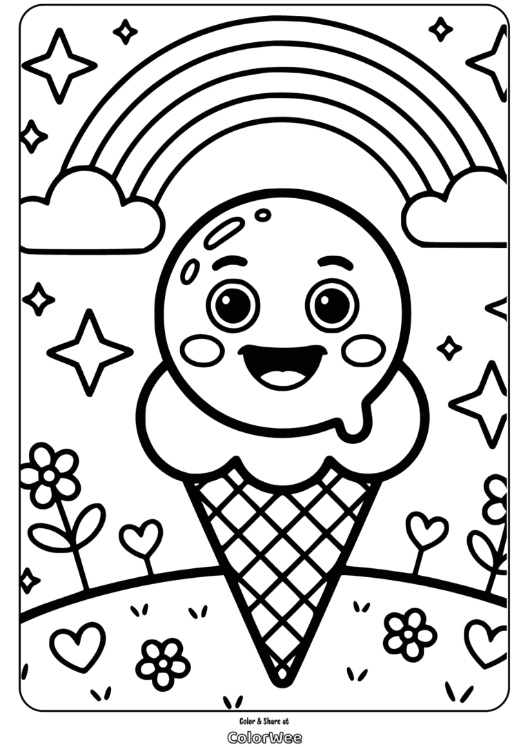 Kawaii ice cream cone with rainbow, stars, and flowers coloring page.