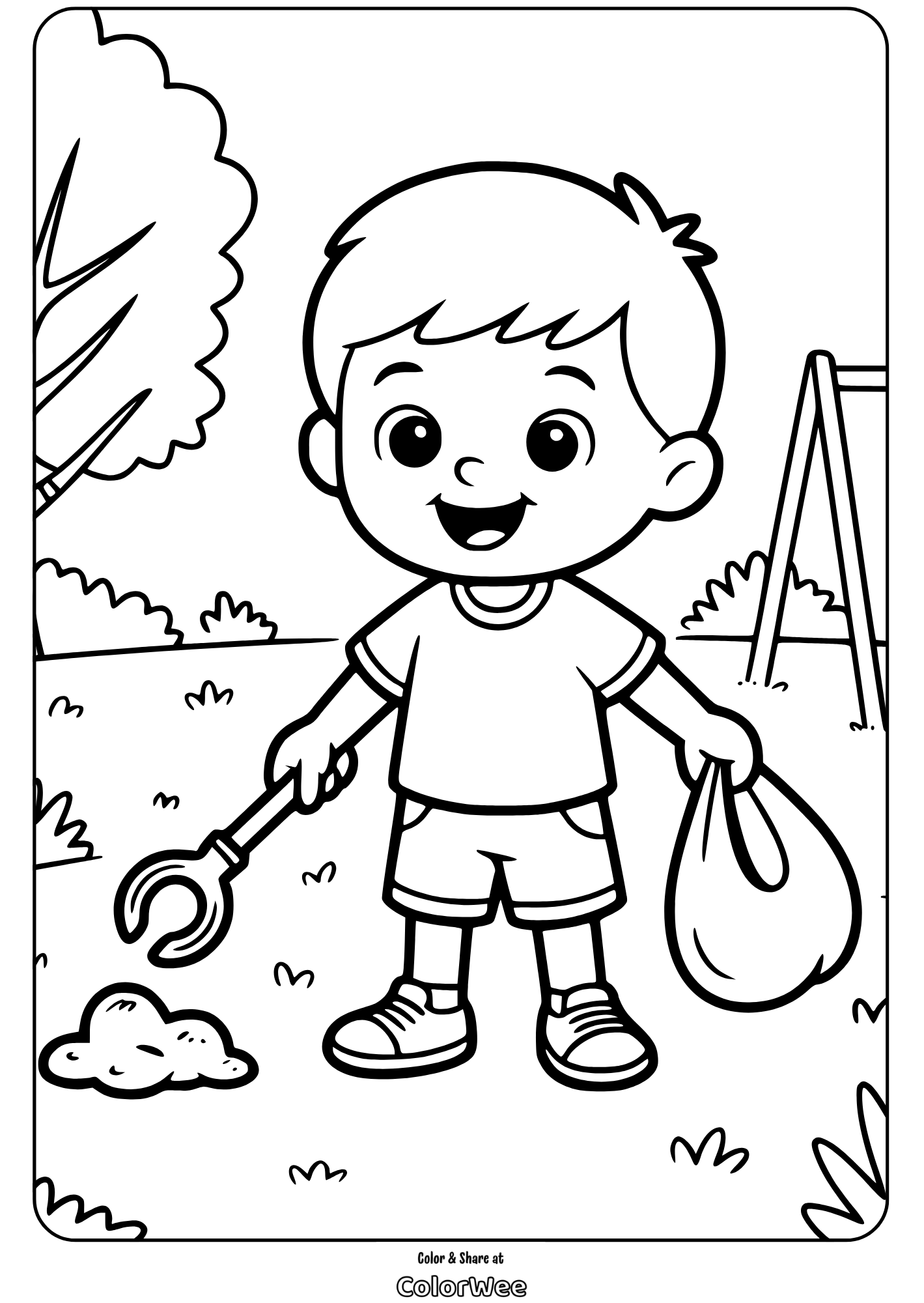 kids earth day cleaning park coloring page Boy cleaning park with grabber and bag coloring page.