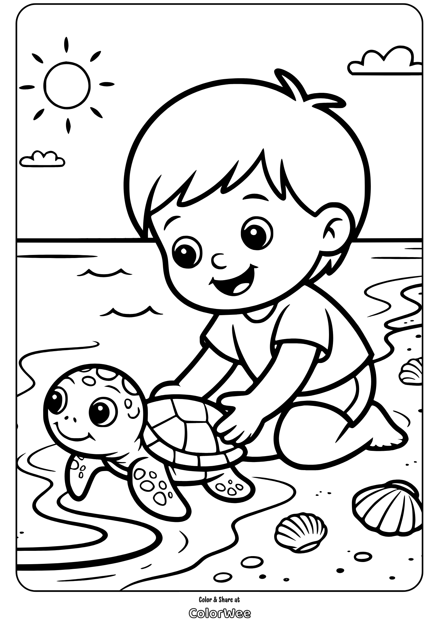 kids earth day helping sea turtle coloring page Boy playing with turtle on beach coloring page.