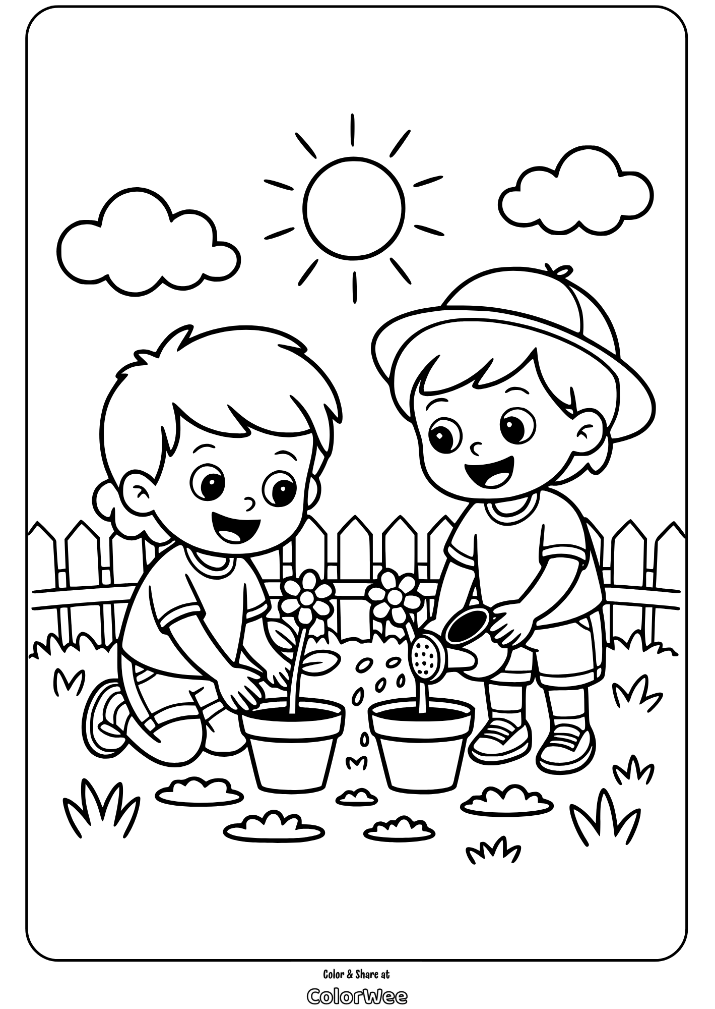 kids earth day planting flowers coloring page Kids gardening coloring page with sun and clouds.