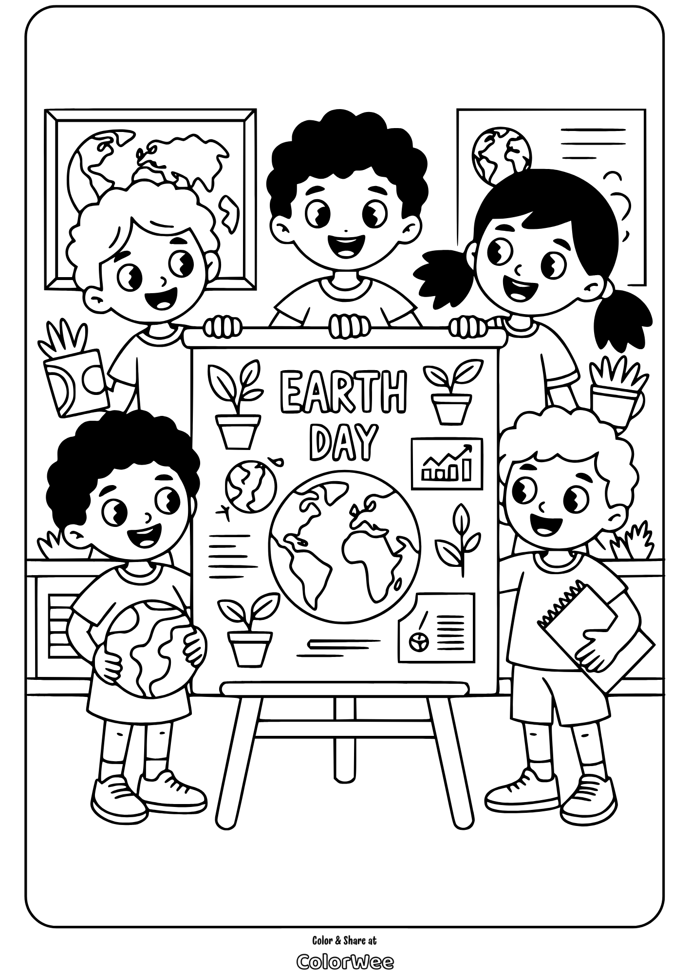 kids earth day poster presentation coloring page Kids celebrate Earth Day with a poster and globe coloring page
