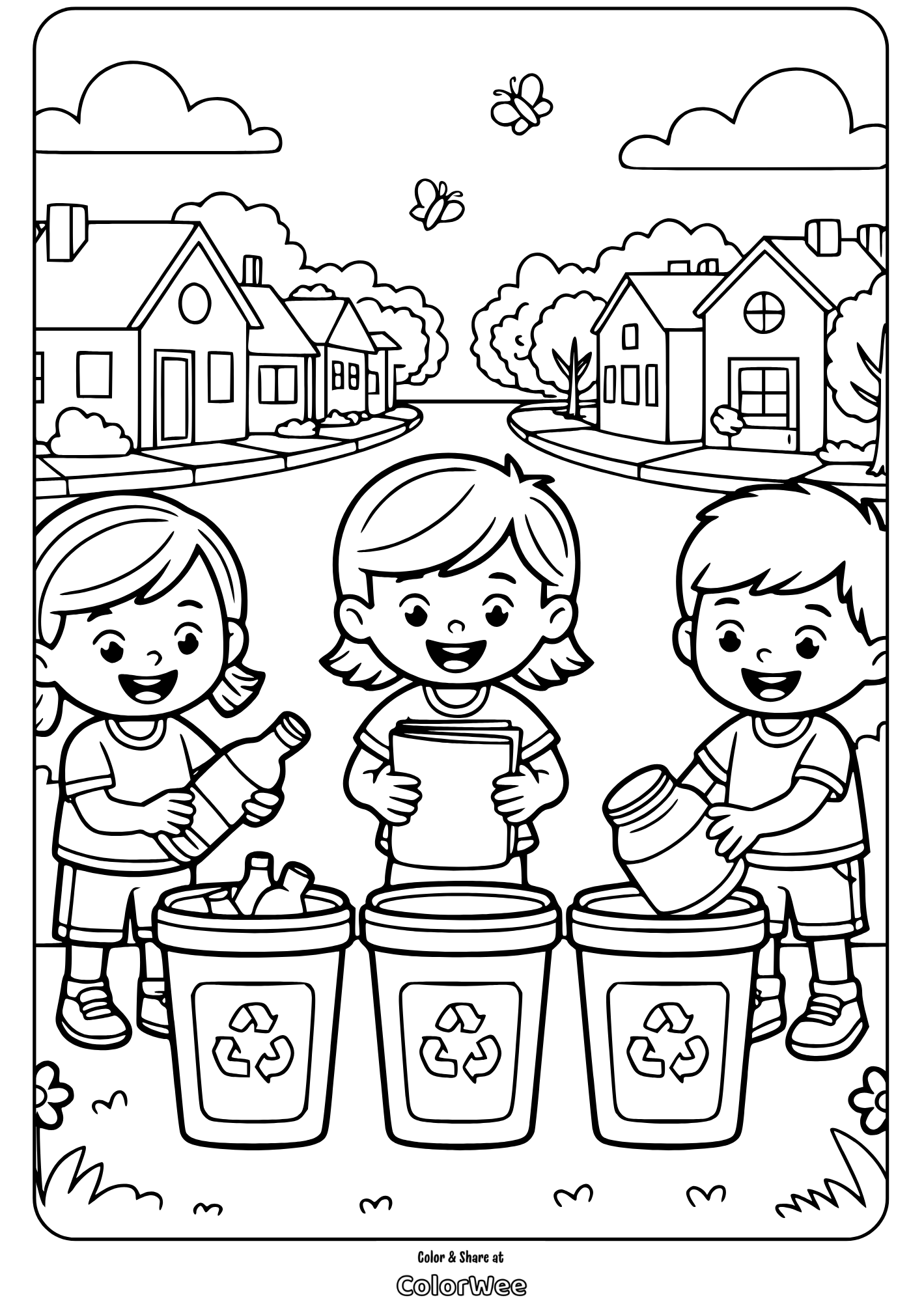 kids earth day recycling trash coloring page Kids recycling bottles and paper in a coloring page.