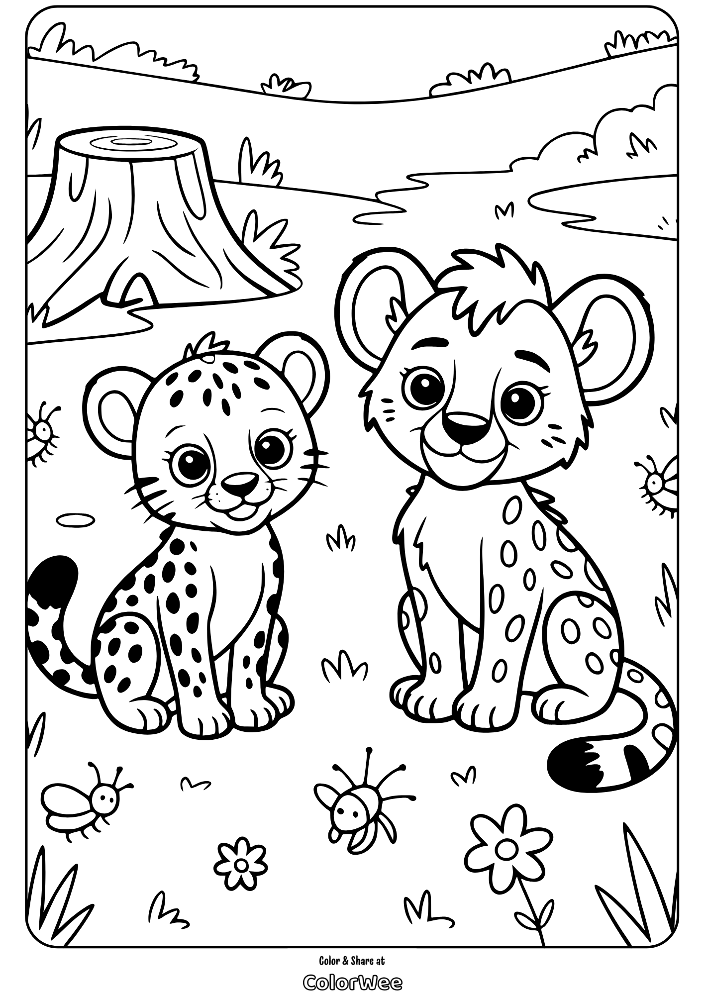 leopard lion cubs coloring page Cute leopard and lion cubs coloring page for kids.