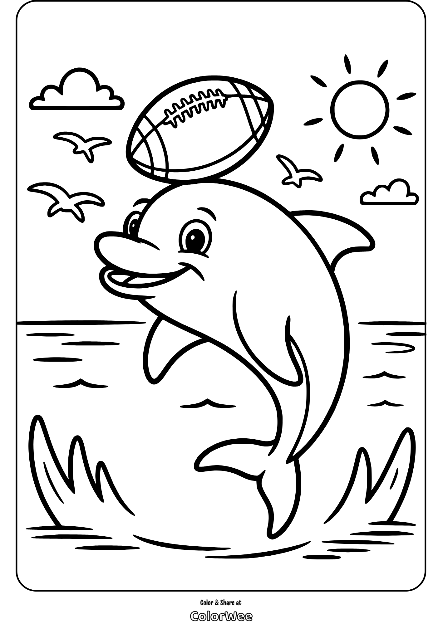 miami dolphin balancing football coloring page Dolphin balancing a football under a sunny sky.