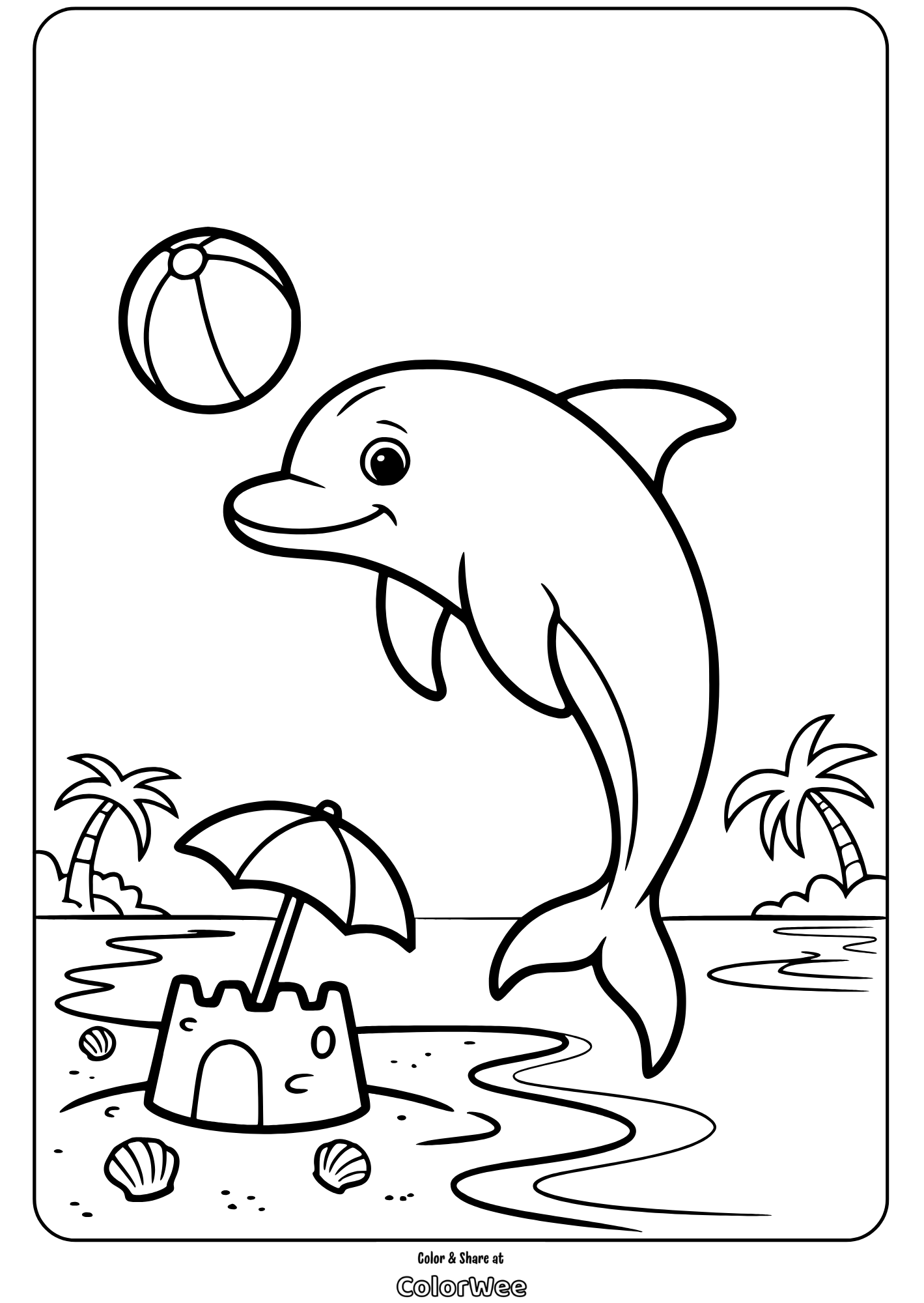 miami dolphin beach ball play coloring page Dolphin jumping with beach ball, palm trees, and sandcastle in coloring page.