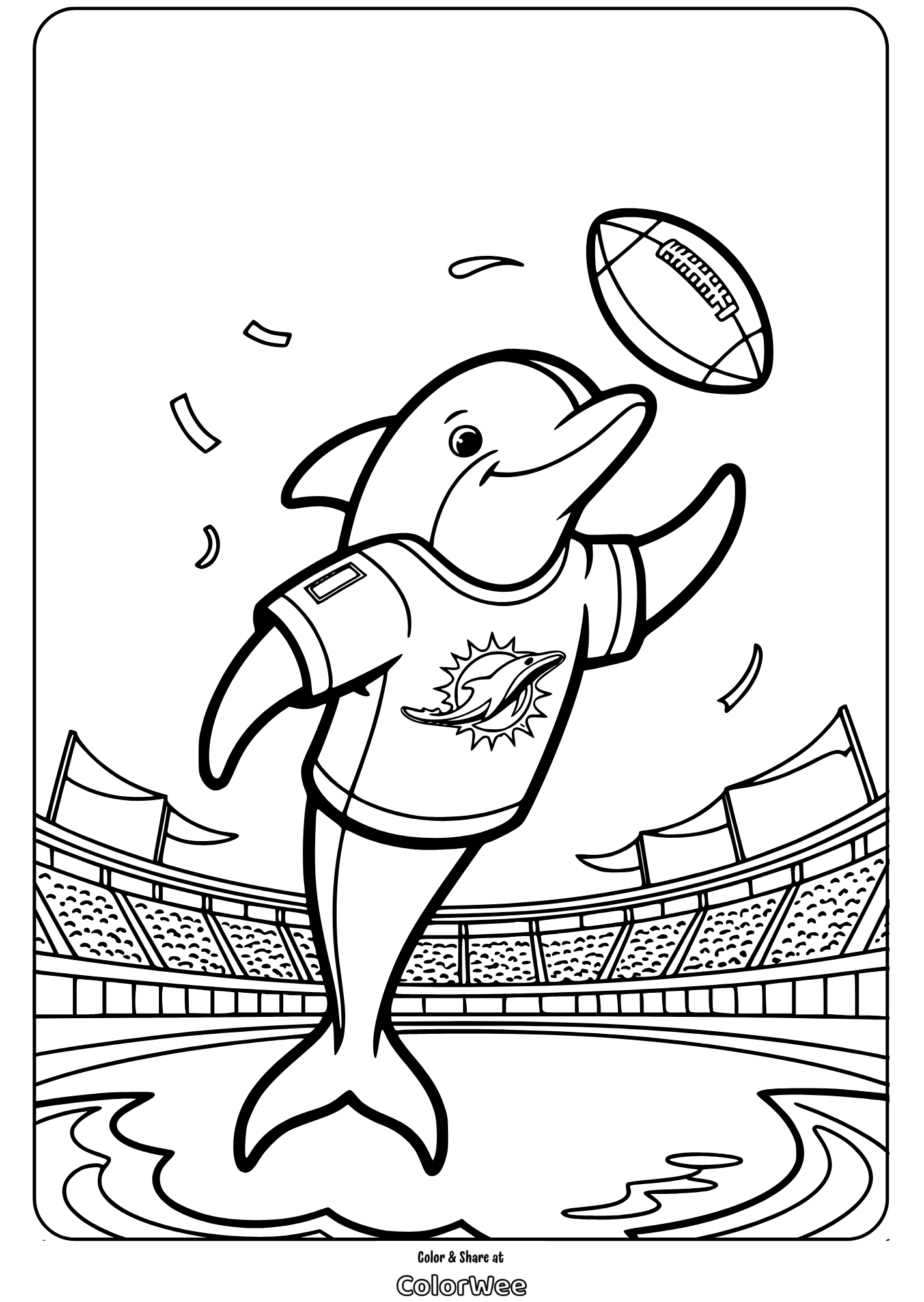 miami dolphin football mascot coloring page Dolphin in a football jersey catching a ball coloring page.