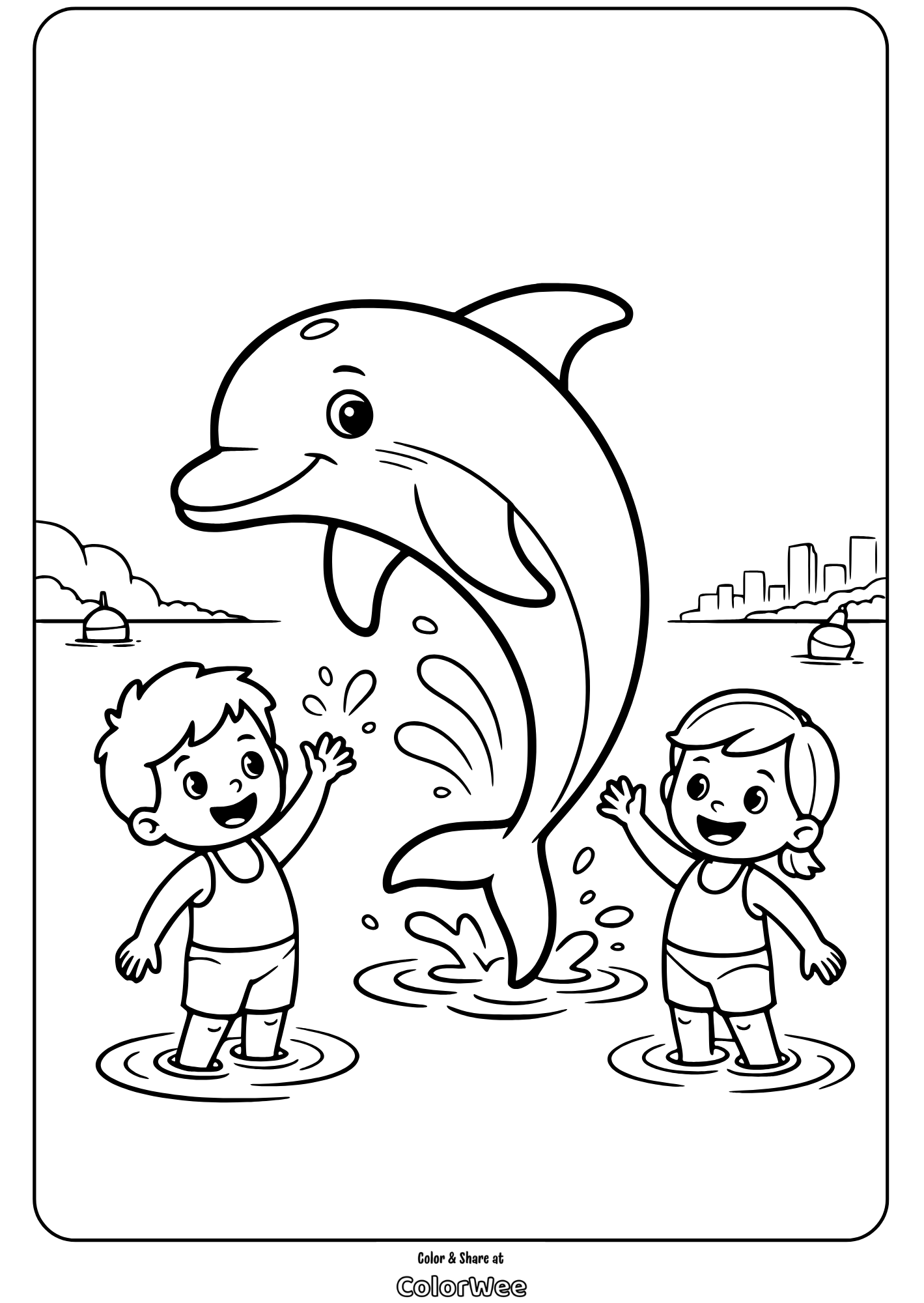 miami dolphin fun with kids coloring page Children with a playful dolphin coloring page.