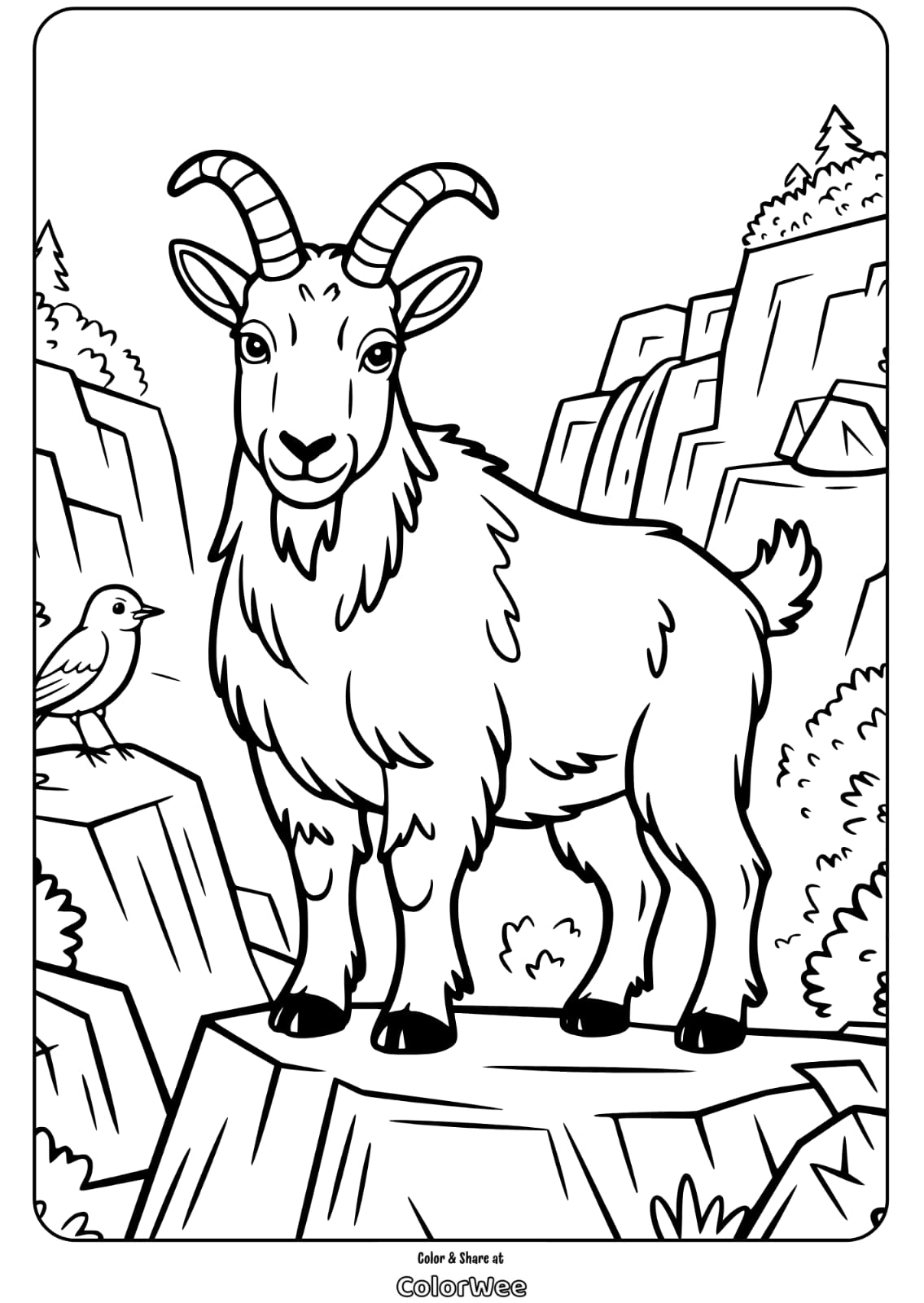 Mountain goat and bird coloring page on rocky landscape