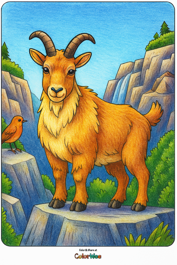 Mountain goat and bird in a colorful nature scene coloring page